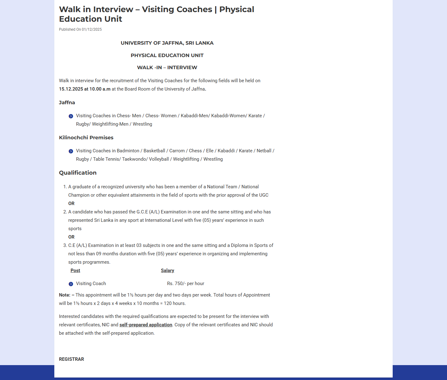 Visiting Coach - University of Jaffna