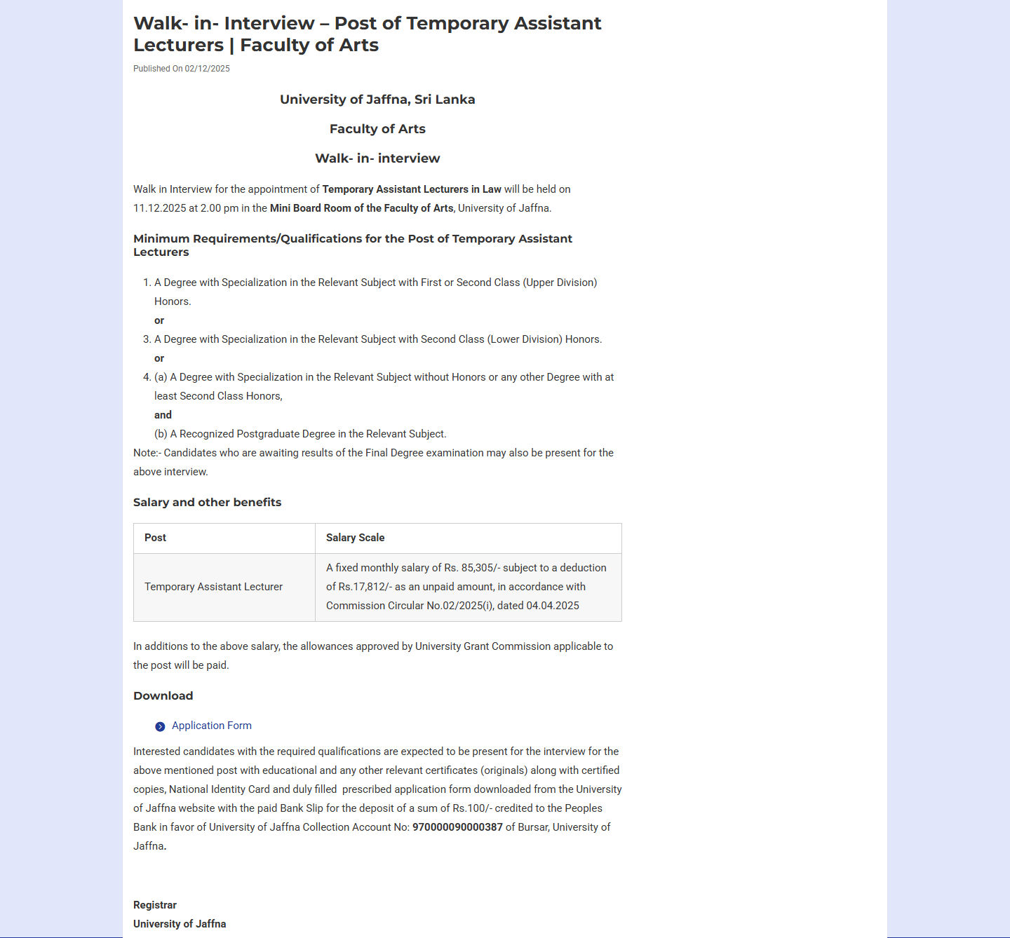 Temporary Assistant Lecturer - University of Jaffna