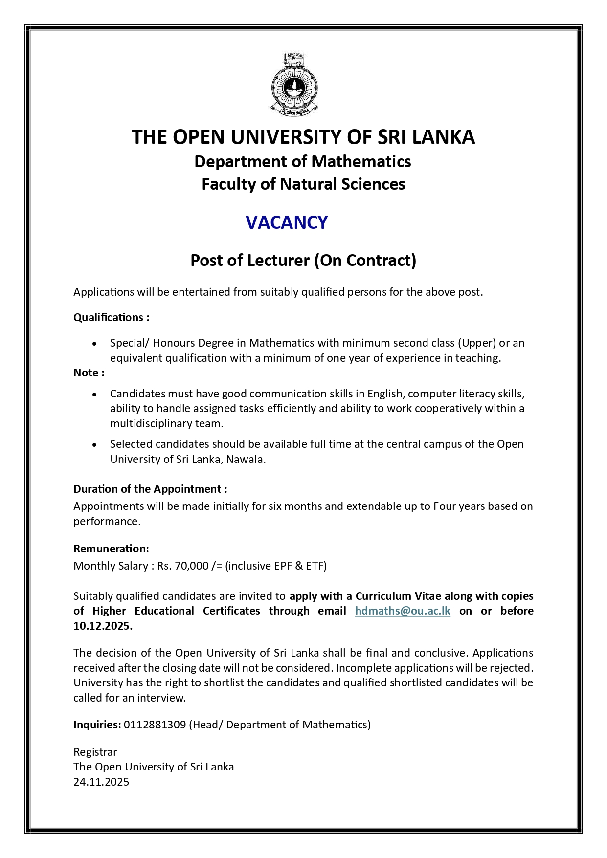 Lecturer, Temporary Lecturer - The Open University of Sri Lanka