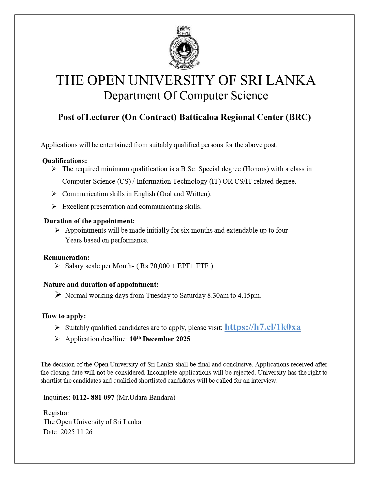 Lecturer, Temporary Lecturer - The Open University of Sri Lanka
