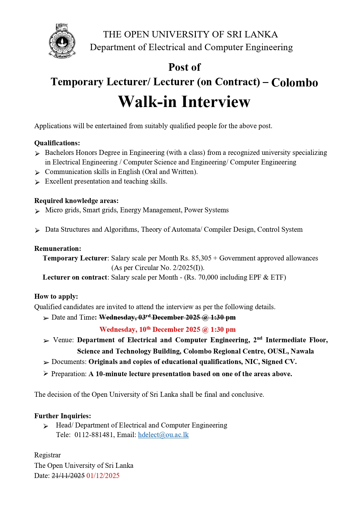 Lecturer, Temporary Lecturer - The Open University of Sri Lanka