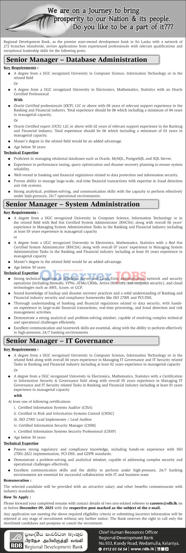 Senior Manager (Database Administration, System Administration, IT Governance) - Regional Development Bank