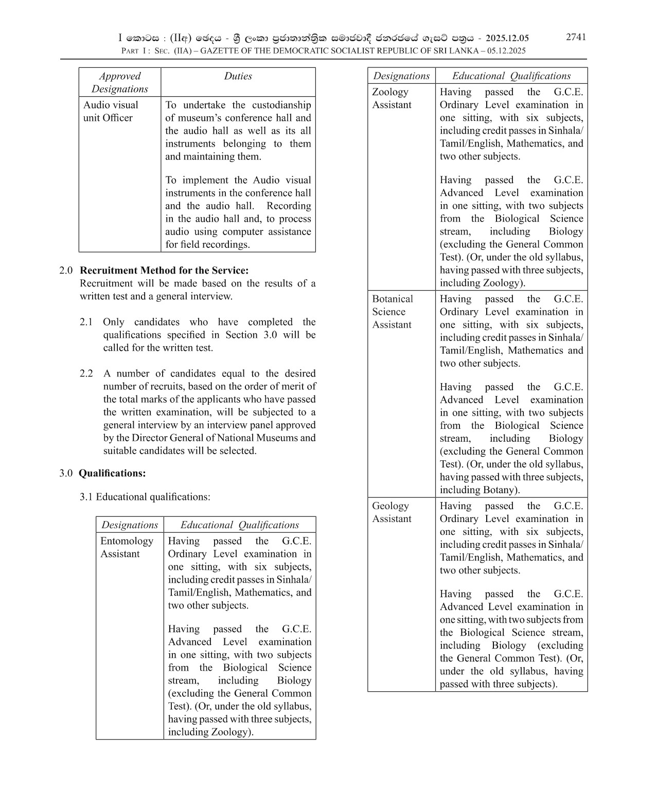 Entomology Assistant, Zoology Assistant, Botanical Science Assistant, Geology Assistant, Museum Security, Technical Officer (Planning, Electrical), Audio Visual Unit Officer - Department of National Museums