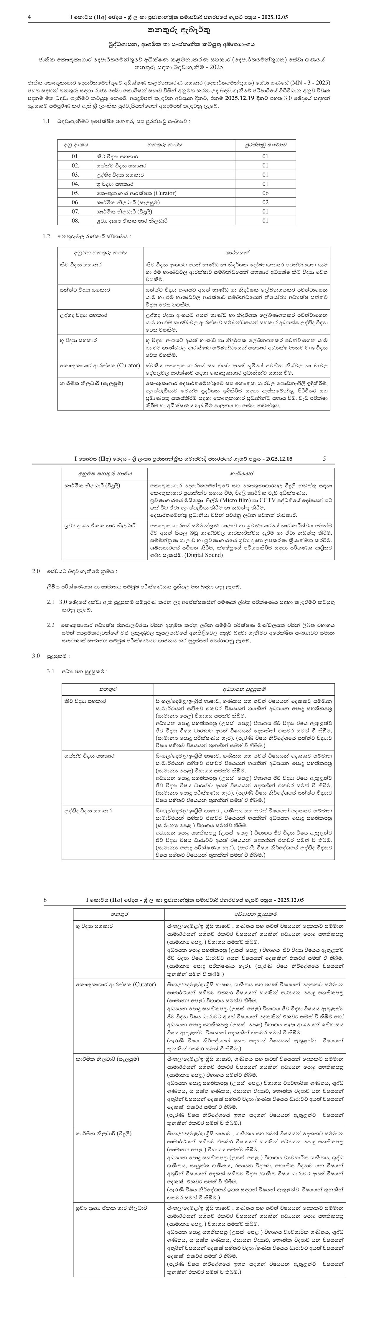 Entomology Assistant, Zoology Assistant, Botanical Science Assistant, Geology Assistant, Museum Security, Technical Officer (Planning, Electrical), Audio Visual Unit Officer - Department of National Museums