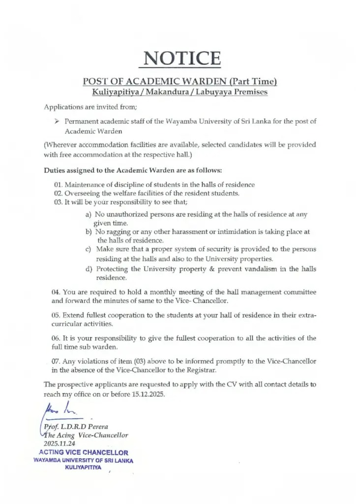 Academic Warden - Wayamba University of Sri Lanka