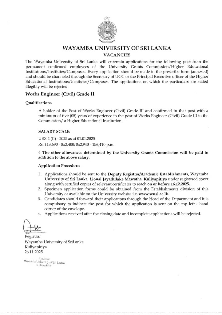 Works Engineer - Wayamba University of Sri Lanka