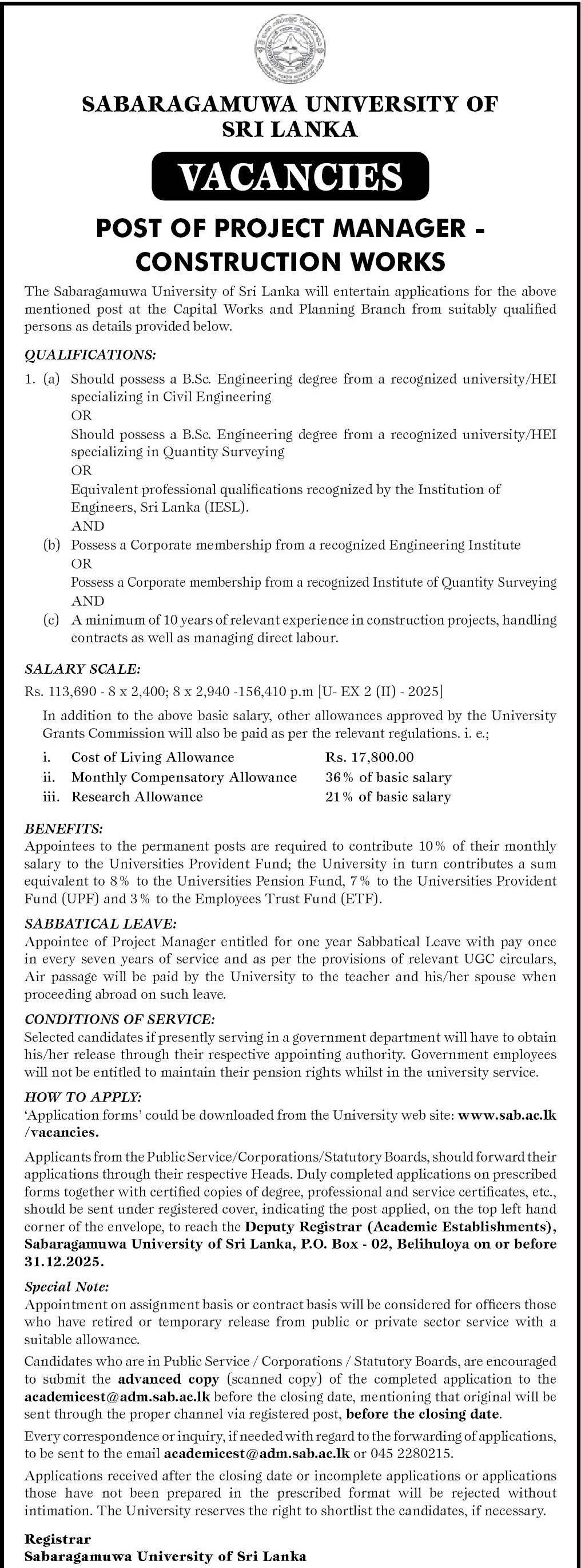 Project Manager (Construction Works) - Sabaragamuwa University of Sri Lanka