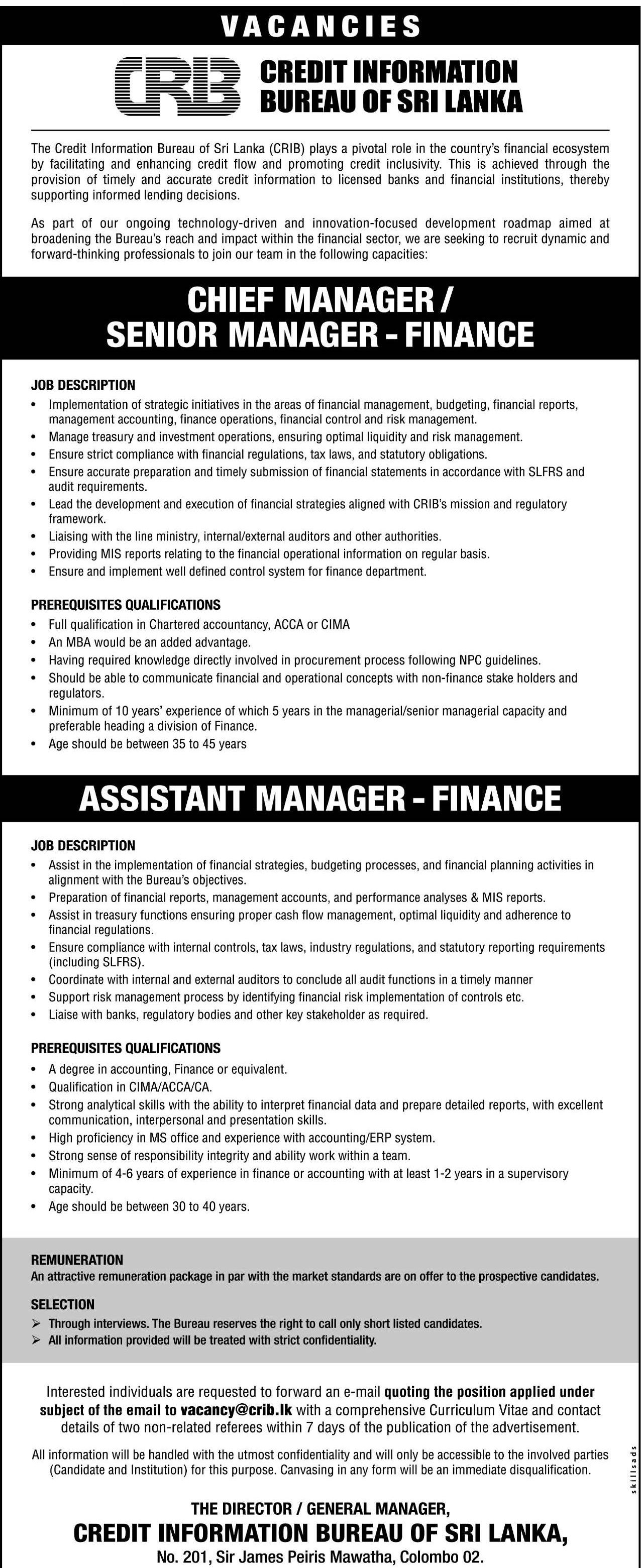 Chief Manager/Senior Manager, Assistant Manager - Credit Information Bureau of Sri Lanka