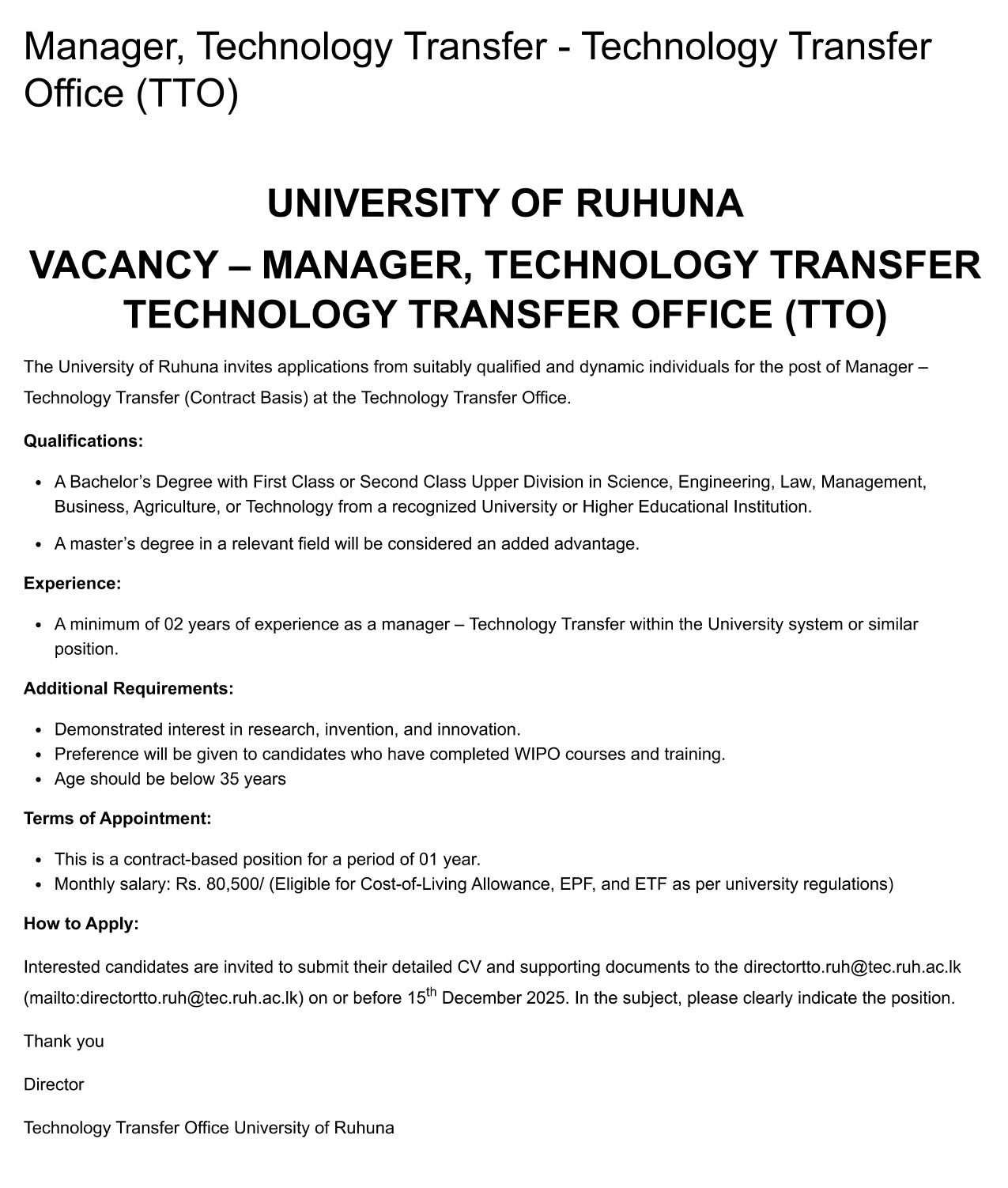 Manager - University of Ruhuna