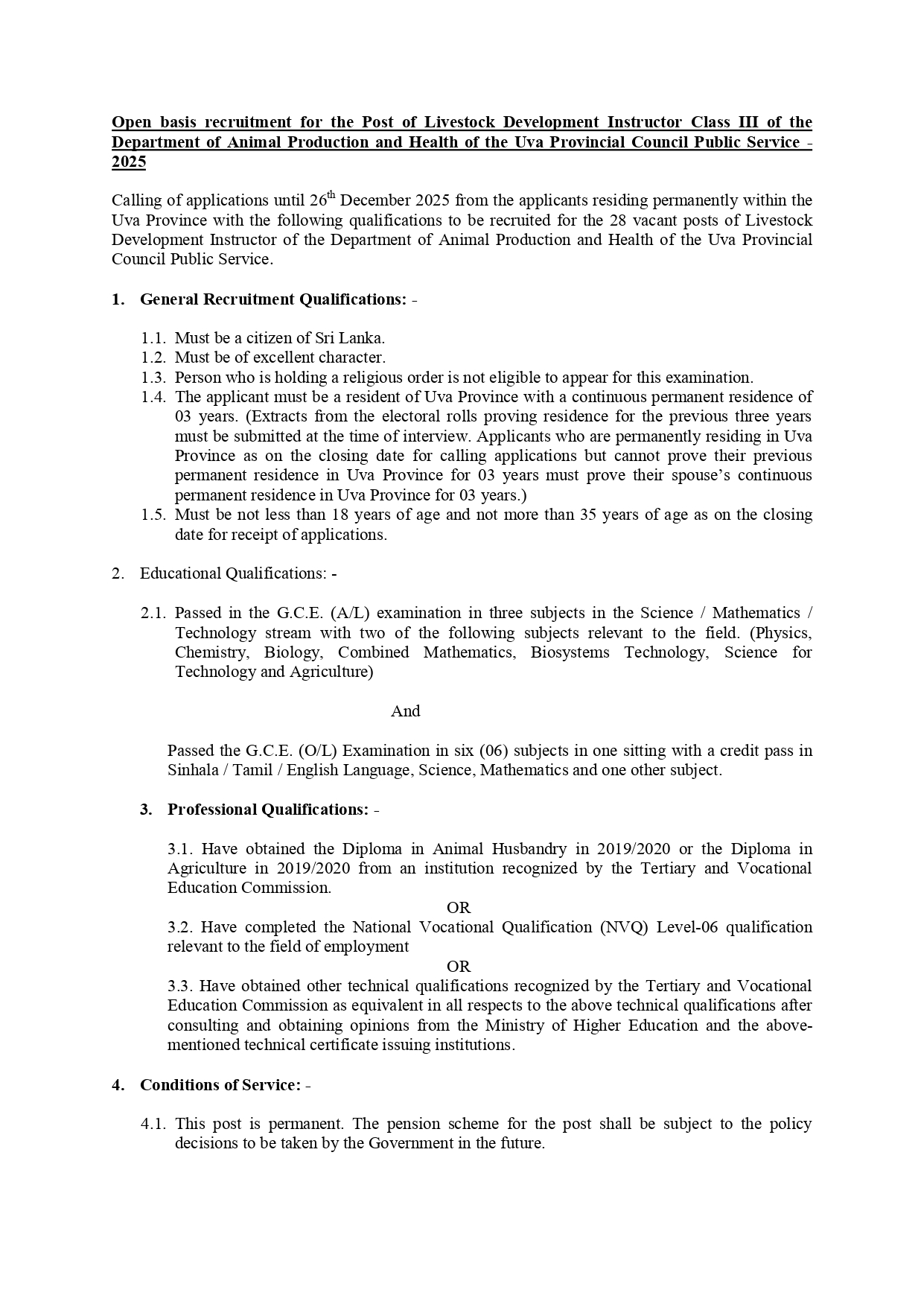 Livestock Development Instructor - Department of Animal Production & Health - Uva Province