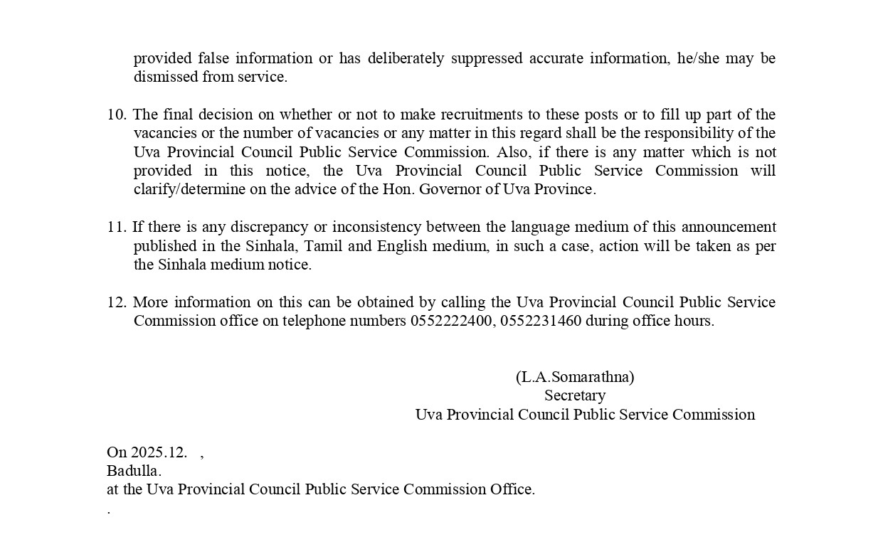 Livestock Development Instructor - Department of Animal Production & Health - Uva Province