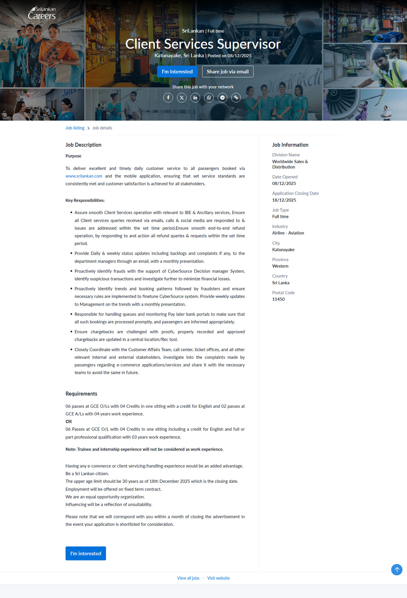 Client Services Supervisor - Sri Lankan Airlines Limited