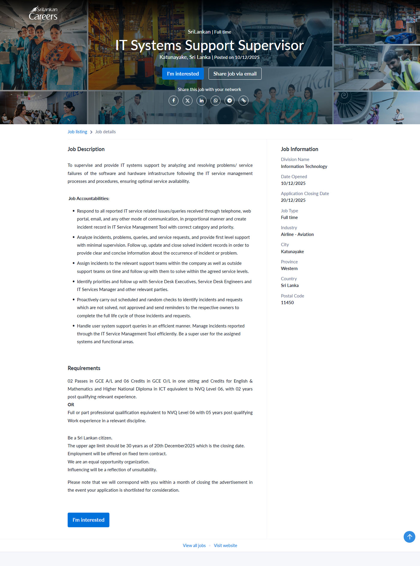 IT Systems Support Supervisor - Sri Lankan Airlines Limited