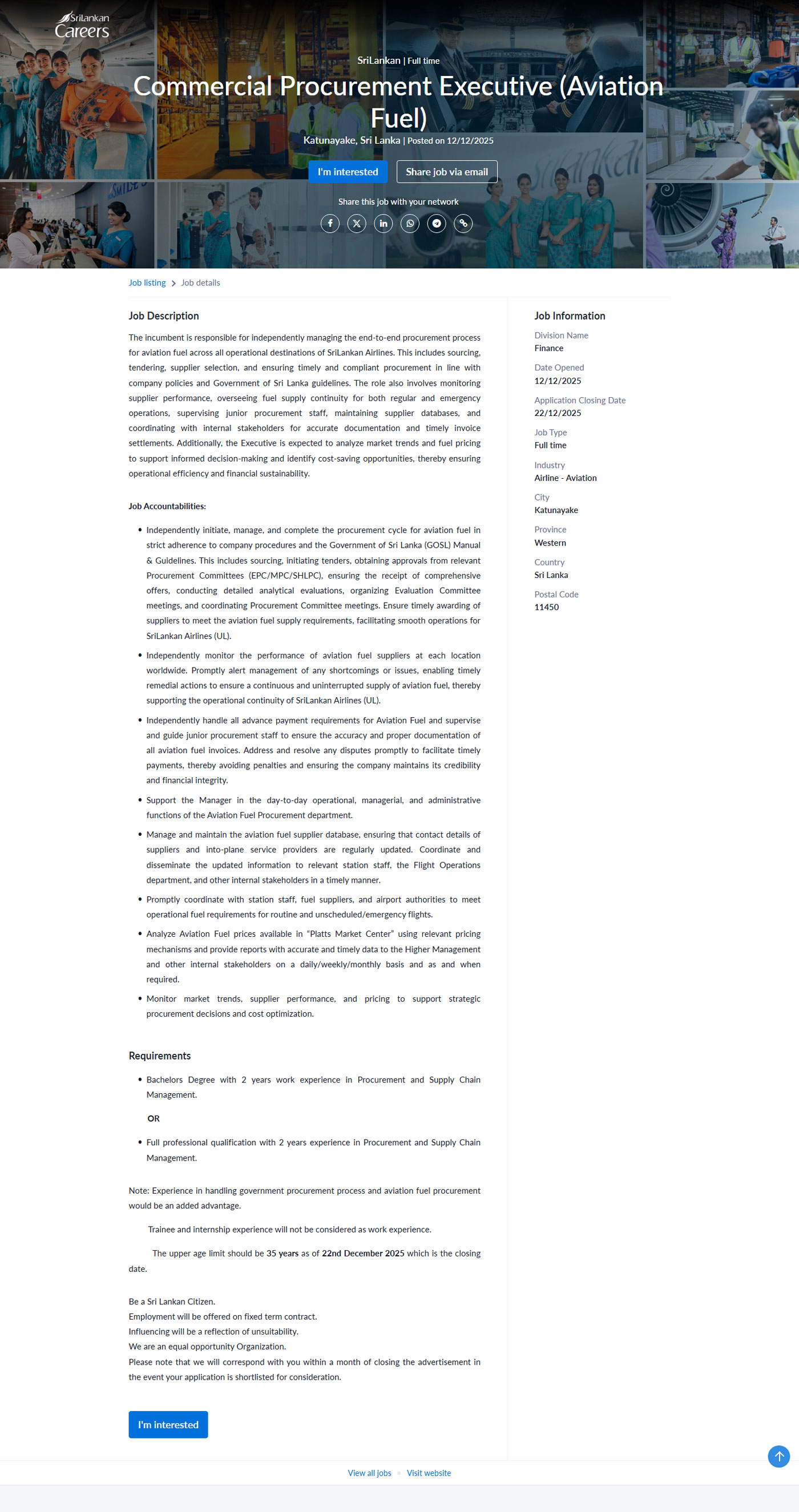 Commercial Procurement Executive (Aviation Fuel) - Sri Lankan Airlines Limited