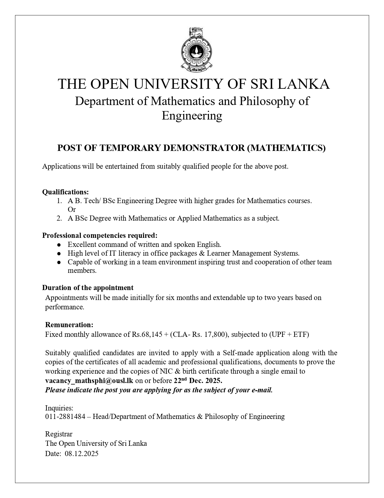 Academic Coordinator, Temporary Demonstrator - The Open University of Sri Lanka