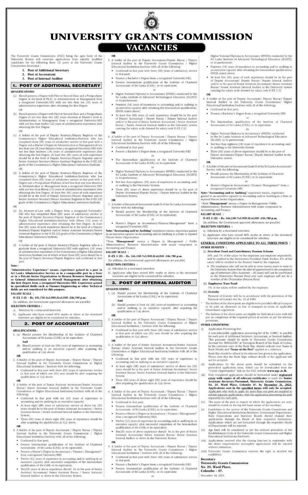 Additional Secretary, Accountant, Internal Auditor - University Grants Commission