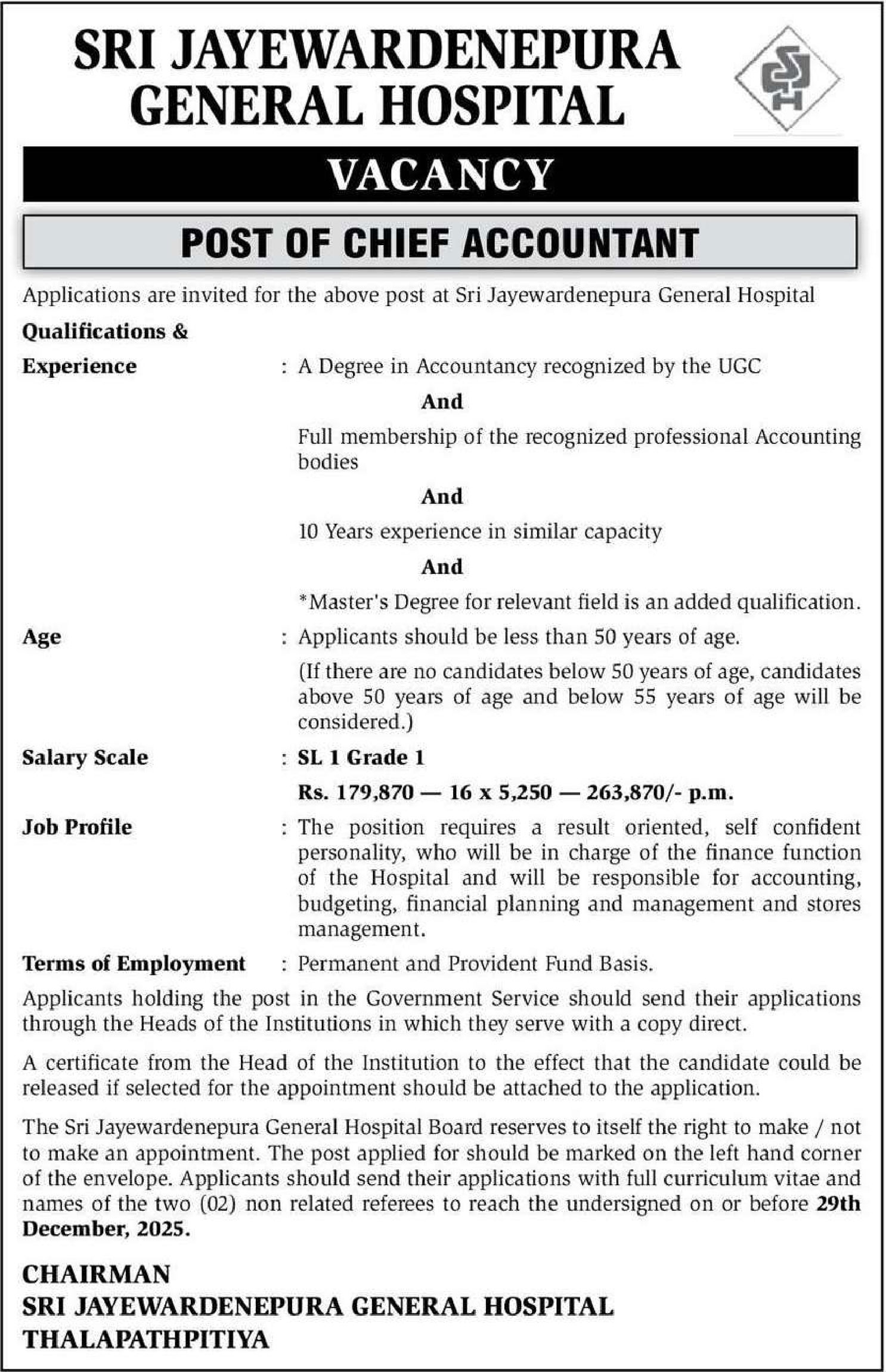 Chief Accountant - Sri Jayewardenepura General Hospital