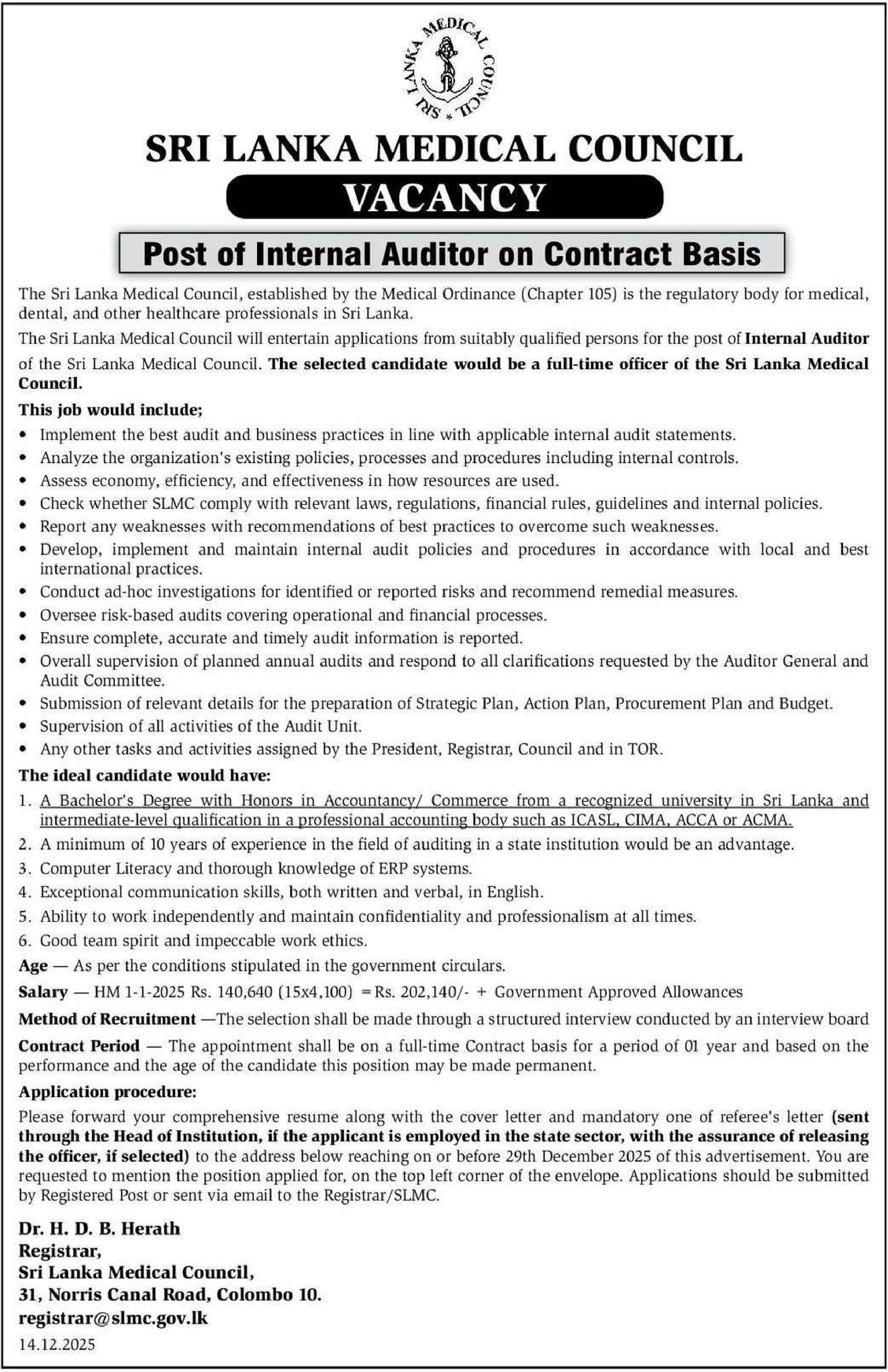 Internal Auditor - Sri Lanka Medical Council