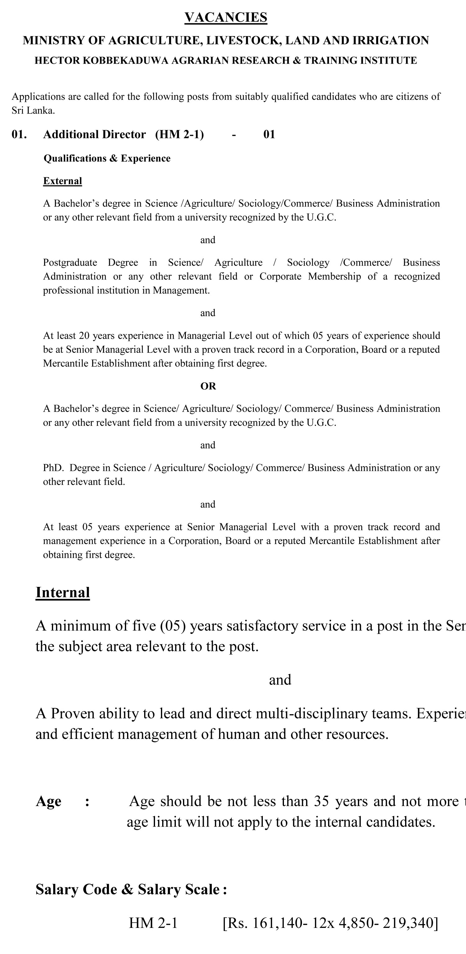 Management Assistant, Additional Director, Research Officer, Statistical Officer, Statistical Assistant, Computer Technical Assistant - Hector Kobbekaduwa Agrarian Research & Training Institute