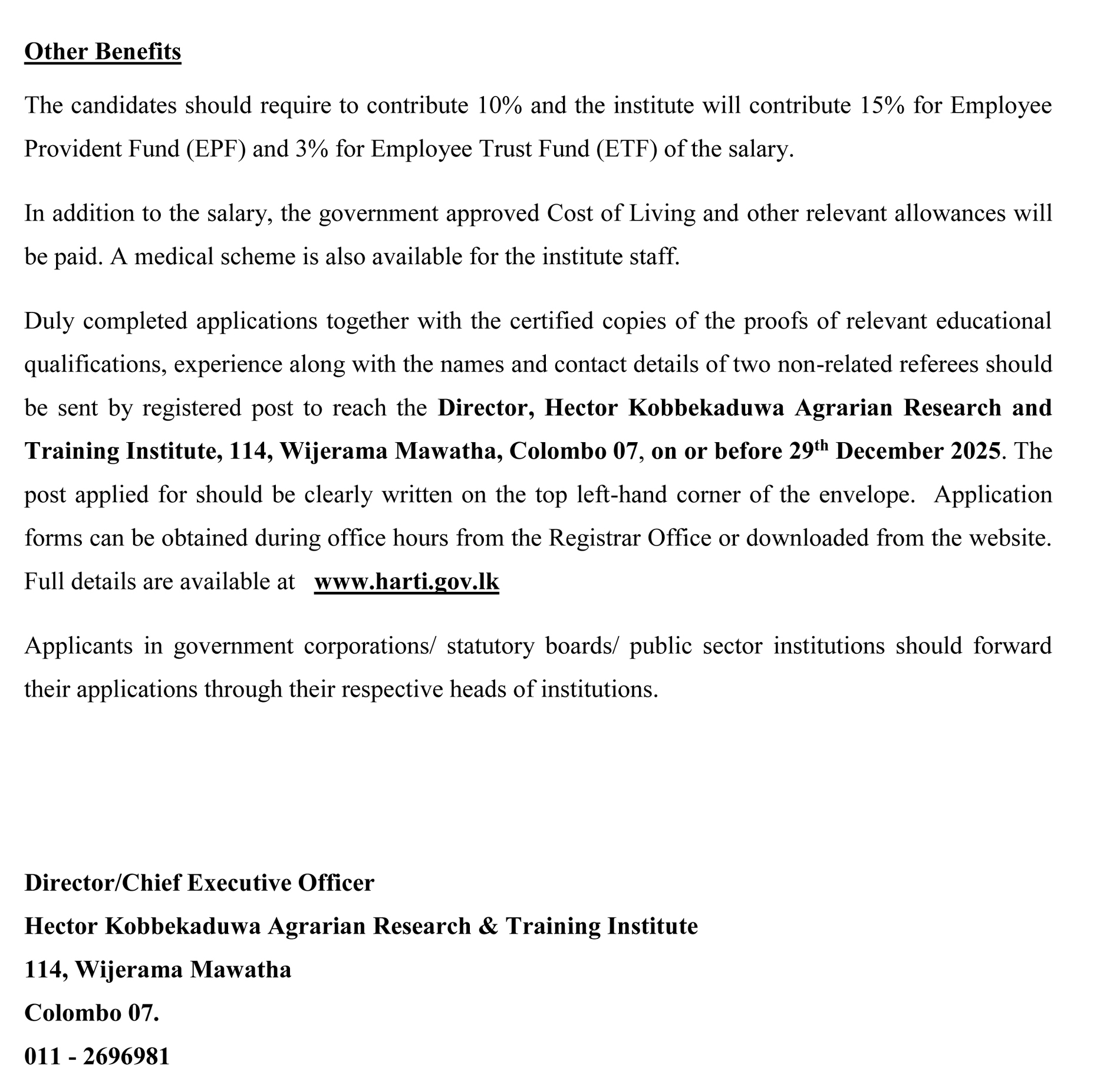 Management Assistant, Additional Director, Research Officer, Statistical Officer, Statistical Assistant, Computer Technical Assistant - Hector Kobbekaduwa Agrarian Research & Training Institute