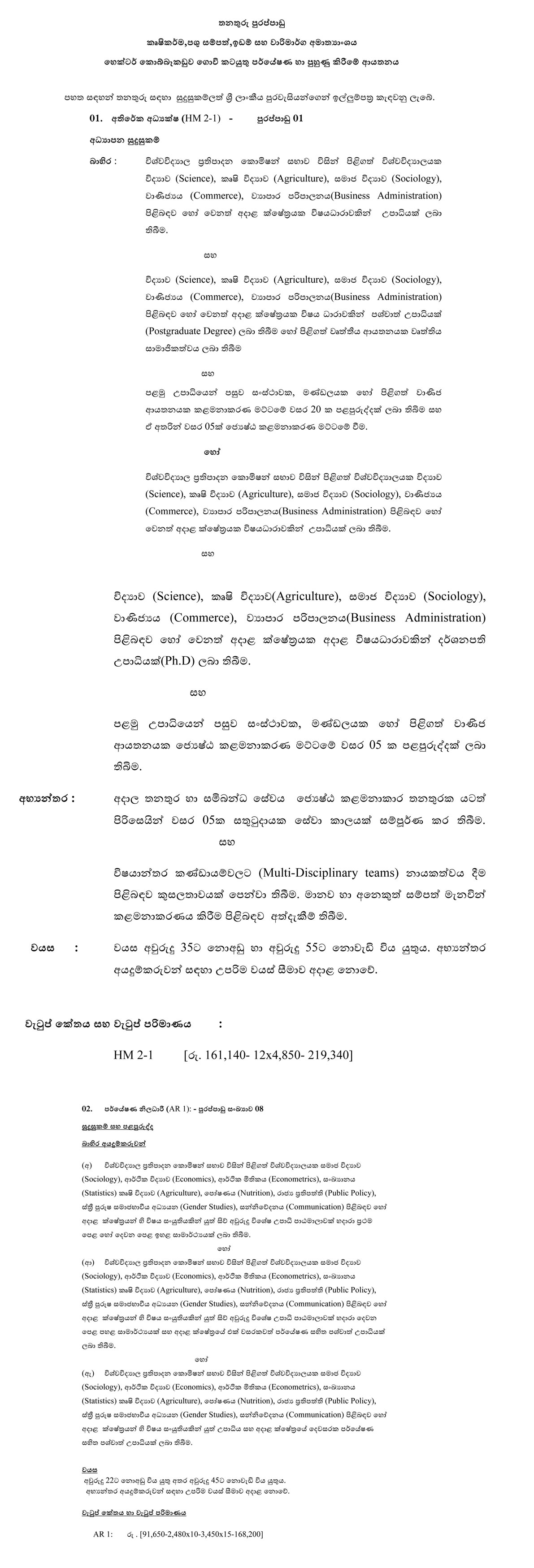 Management Assistant, Additional Director, Research Officer, Statistical Officer, Statistical Assistant, Computer Technical Assistant - Hector Kobbekaduwa Agrarian Research & Training Institute