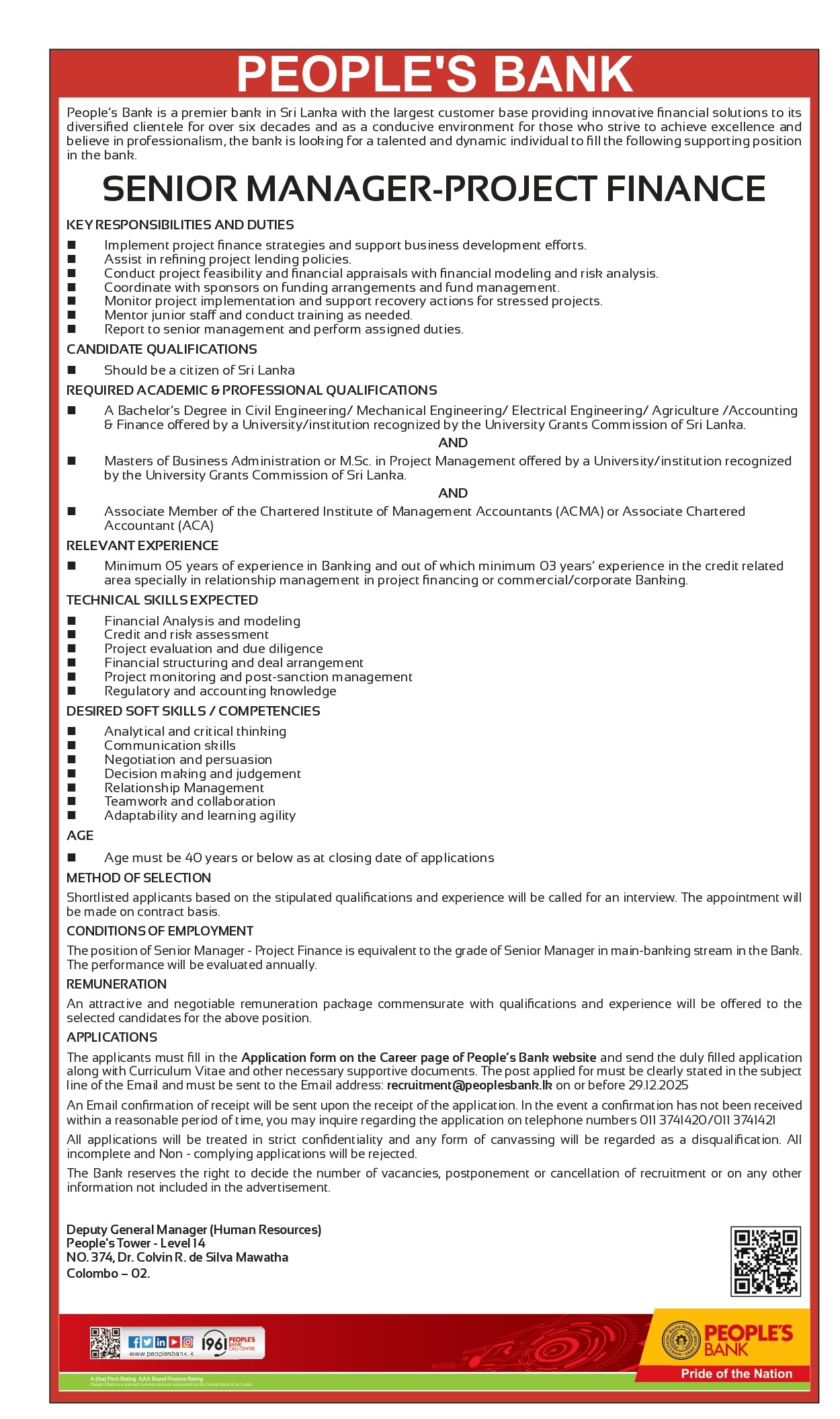 Senior Manager, Chief Manager, ILE/RPG400 Developer - People’s Bank