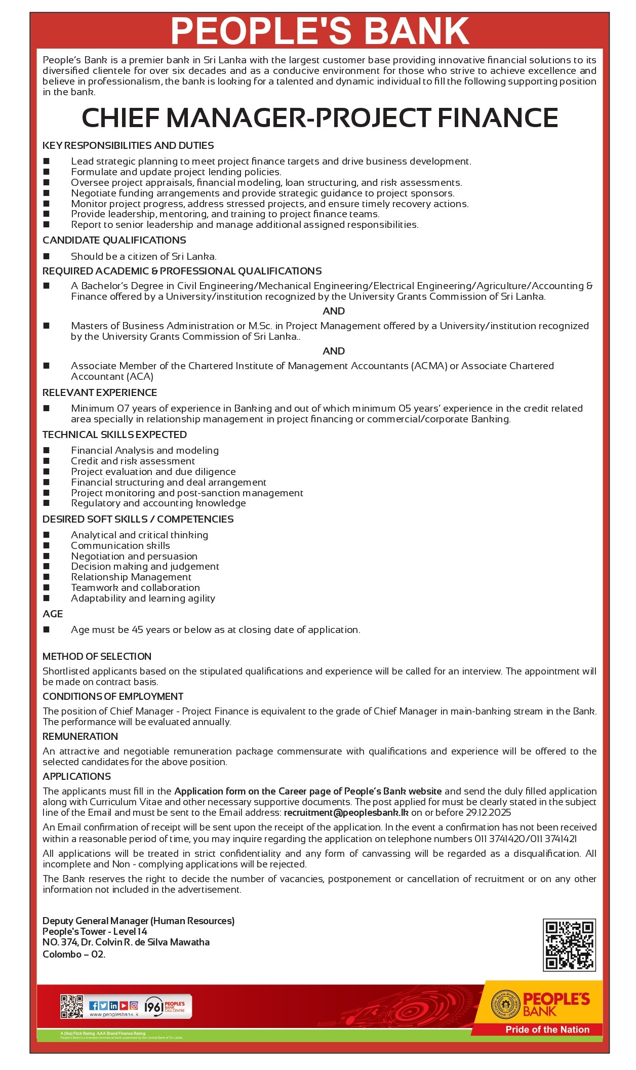 Senior Manager, Chief Manager, ILE/RPG400 Developer - People’s Bank