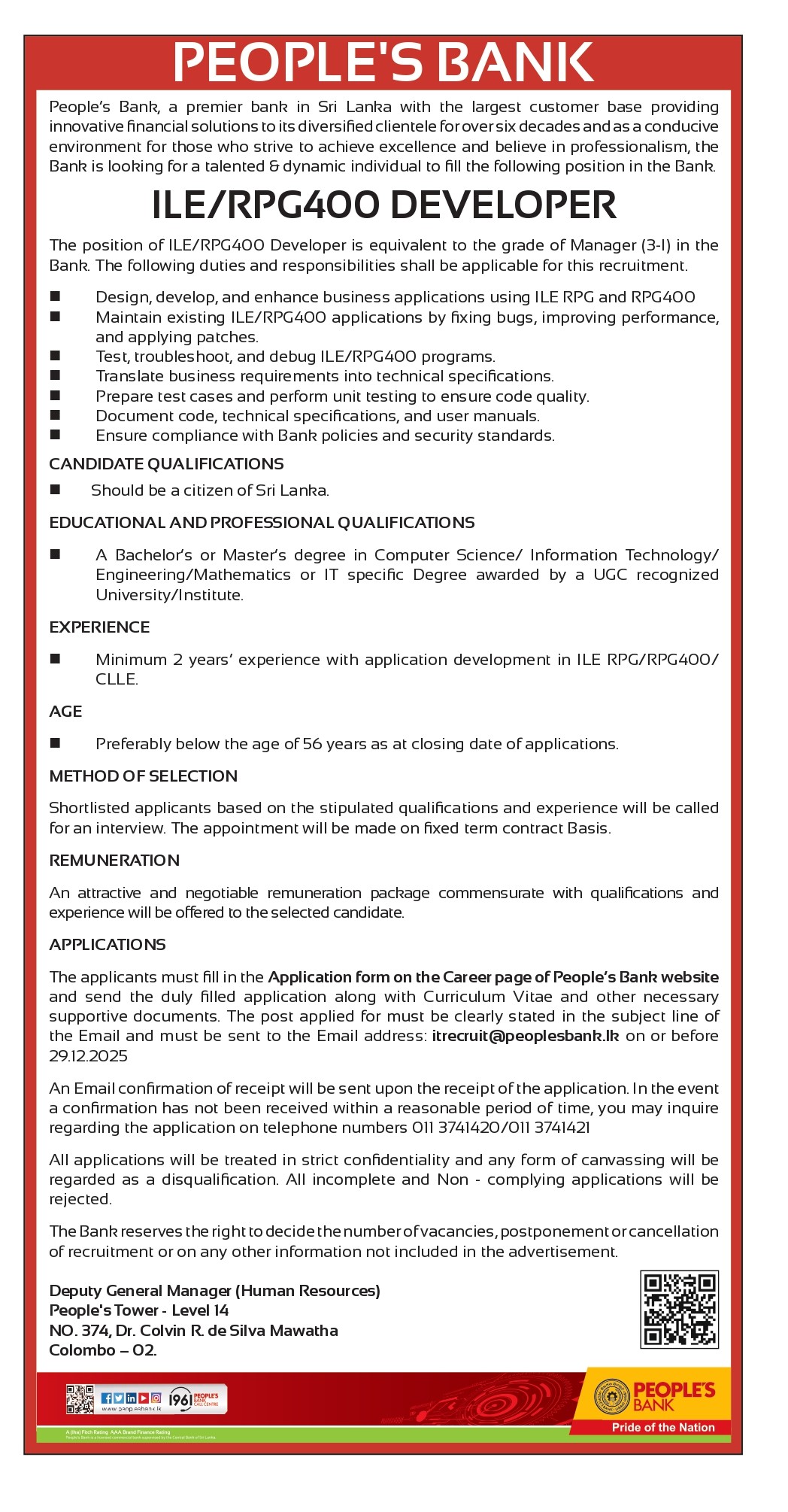 Senior Manager, Chief Manager, ILE/RPG400 Developer - People’s Bank