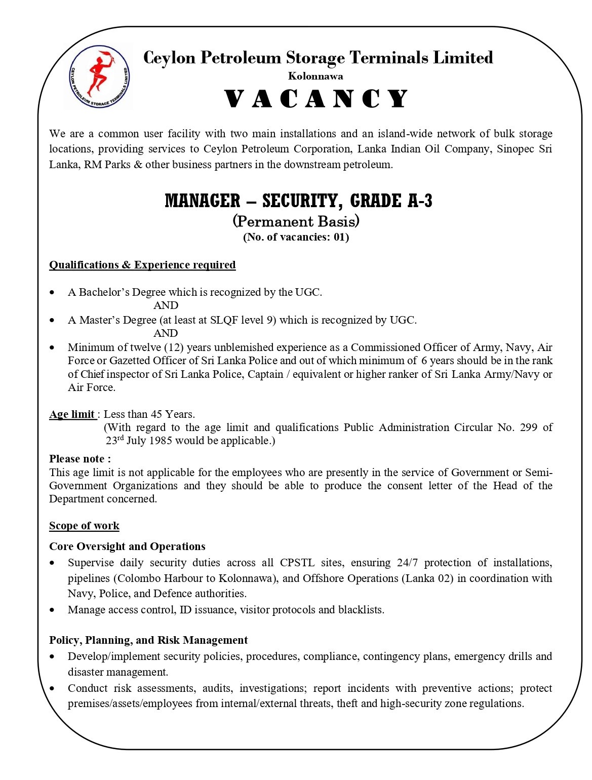 Manager, Accountant, Deputy Finance Manager - Ceylon Petroleum Storage Terminals Limited