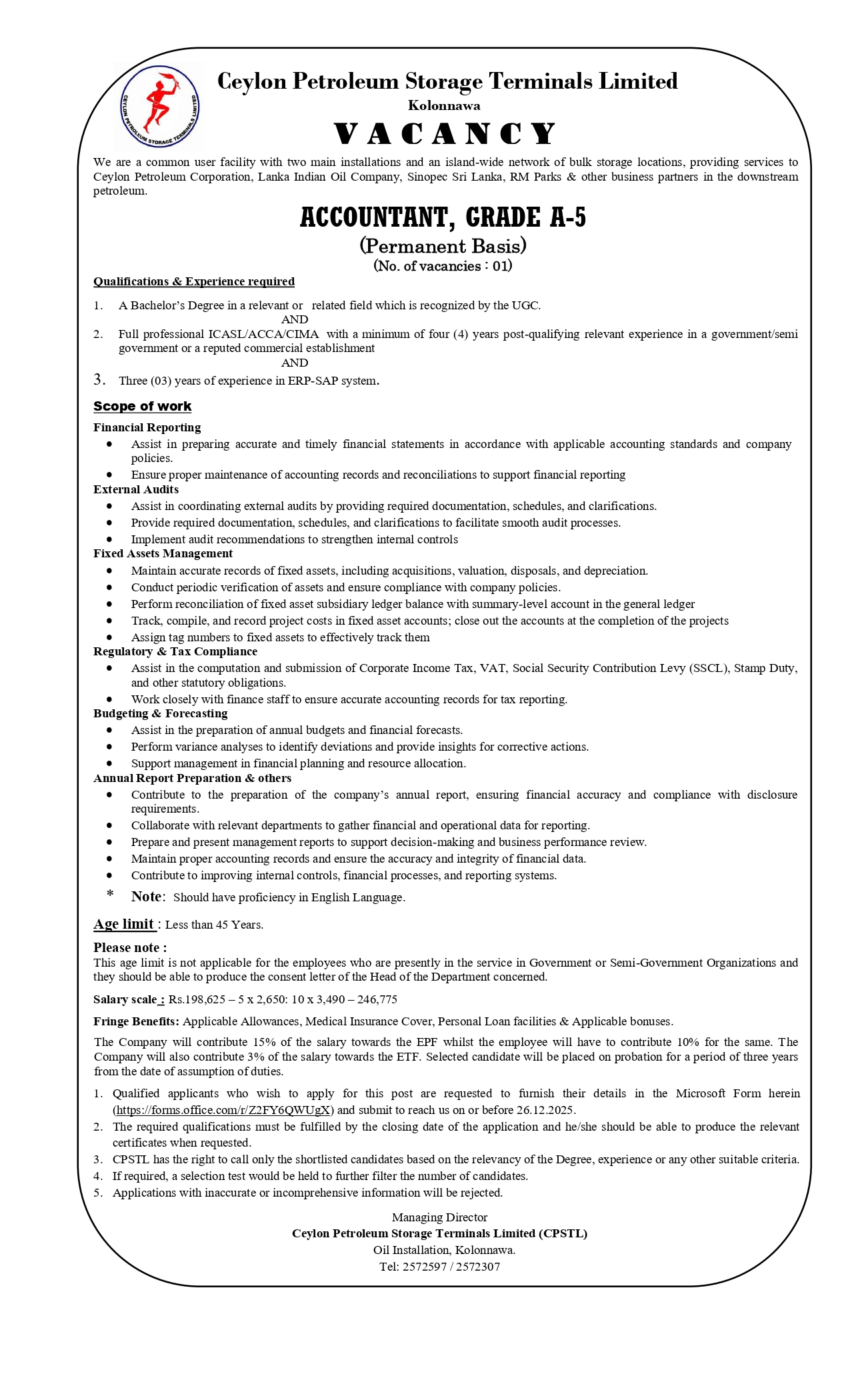 Manager, Accountant, Deputy Finance Manager - Ceylon Petroleum Storage Terminals Limited