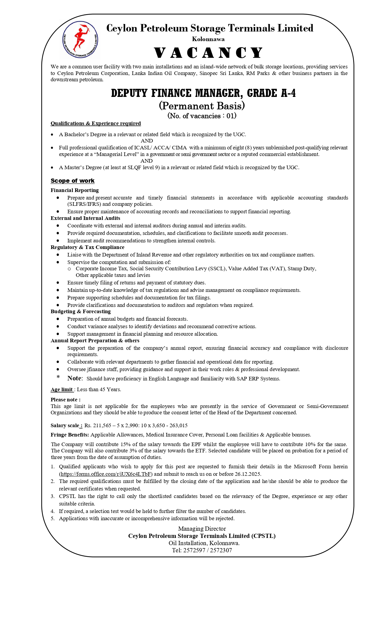 Manager, Accountant, Deputy Finance Manager - Ceylon Petroleum Storage Terminals Limited