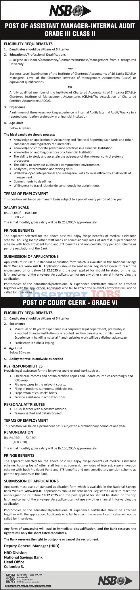 Assistant Manager (Internal Audit), Court Clerk - National Savings Bank 