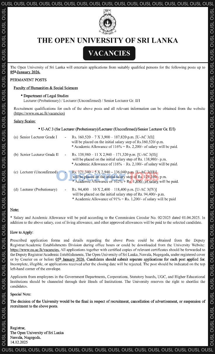 Lecturer, Senior Lecturer - The Open University of Sri Lanka