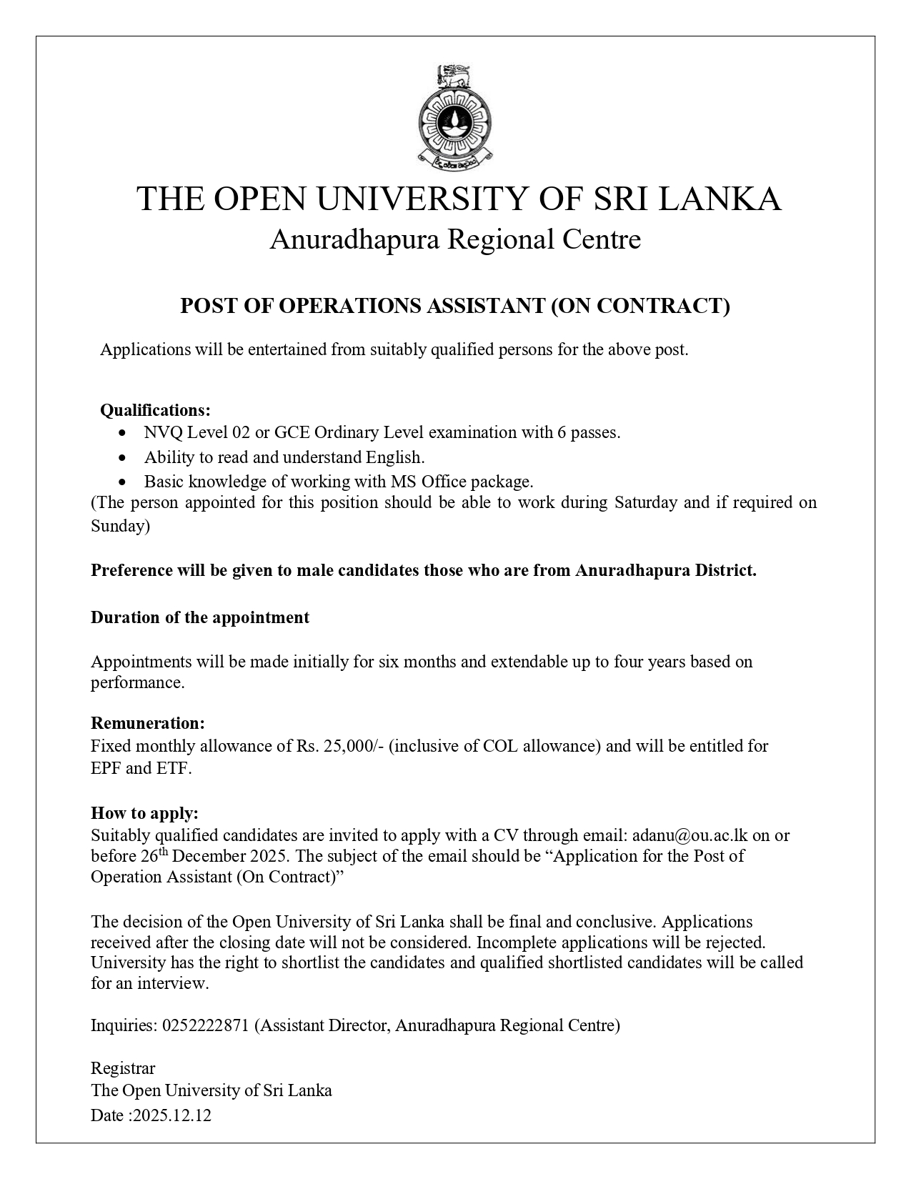 Operations Assistant - The Open University of Sri Lanka