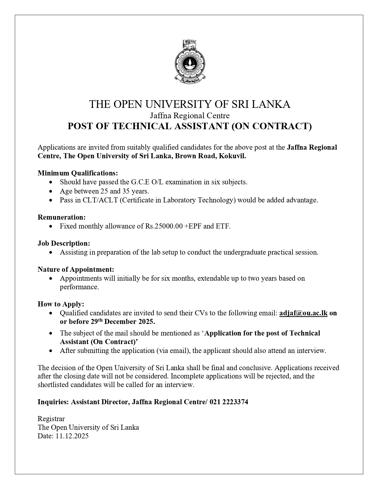 Operations Assistant, Technical Assistant - The Open University of Sri Lanka