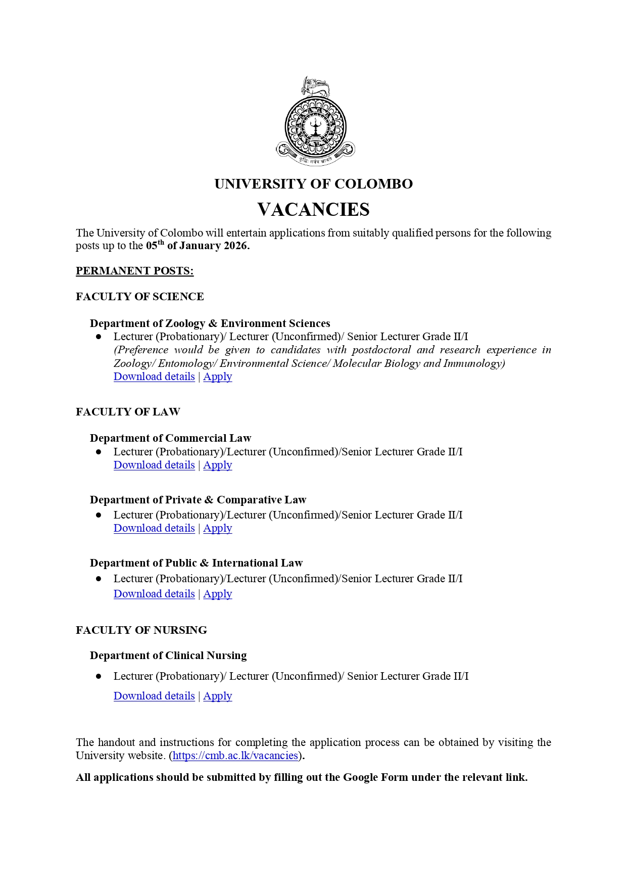 Lecturer, Senior Lecturer - University of Colombo