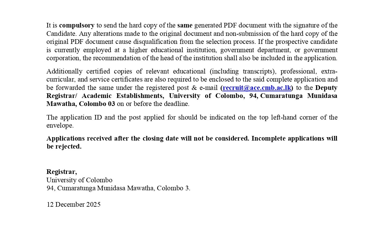 Lecturer, Senior Lecturer - University of Colombo