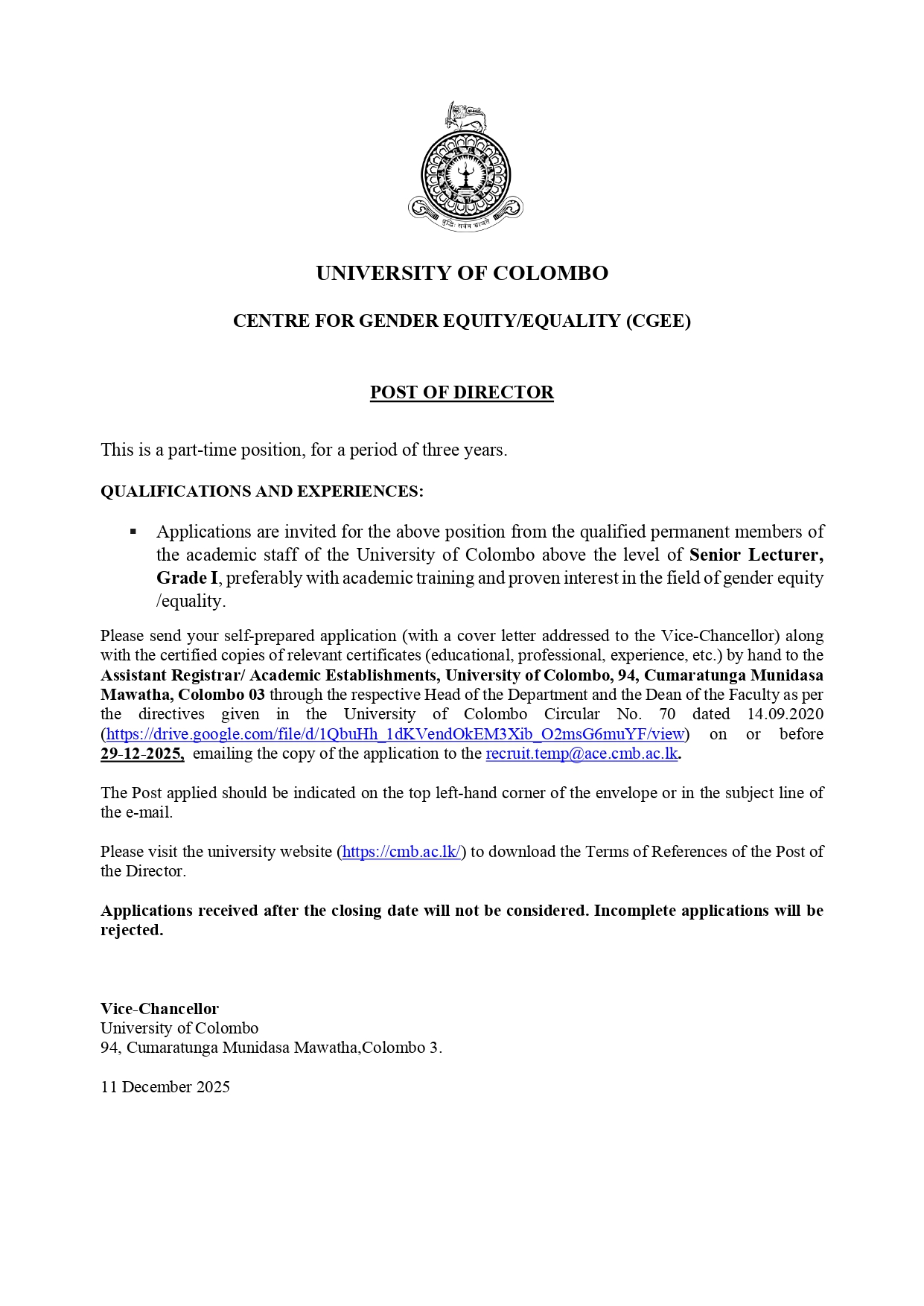 Director - University of Colombo