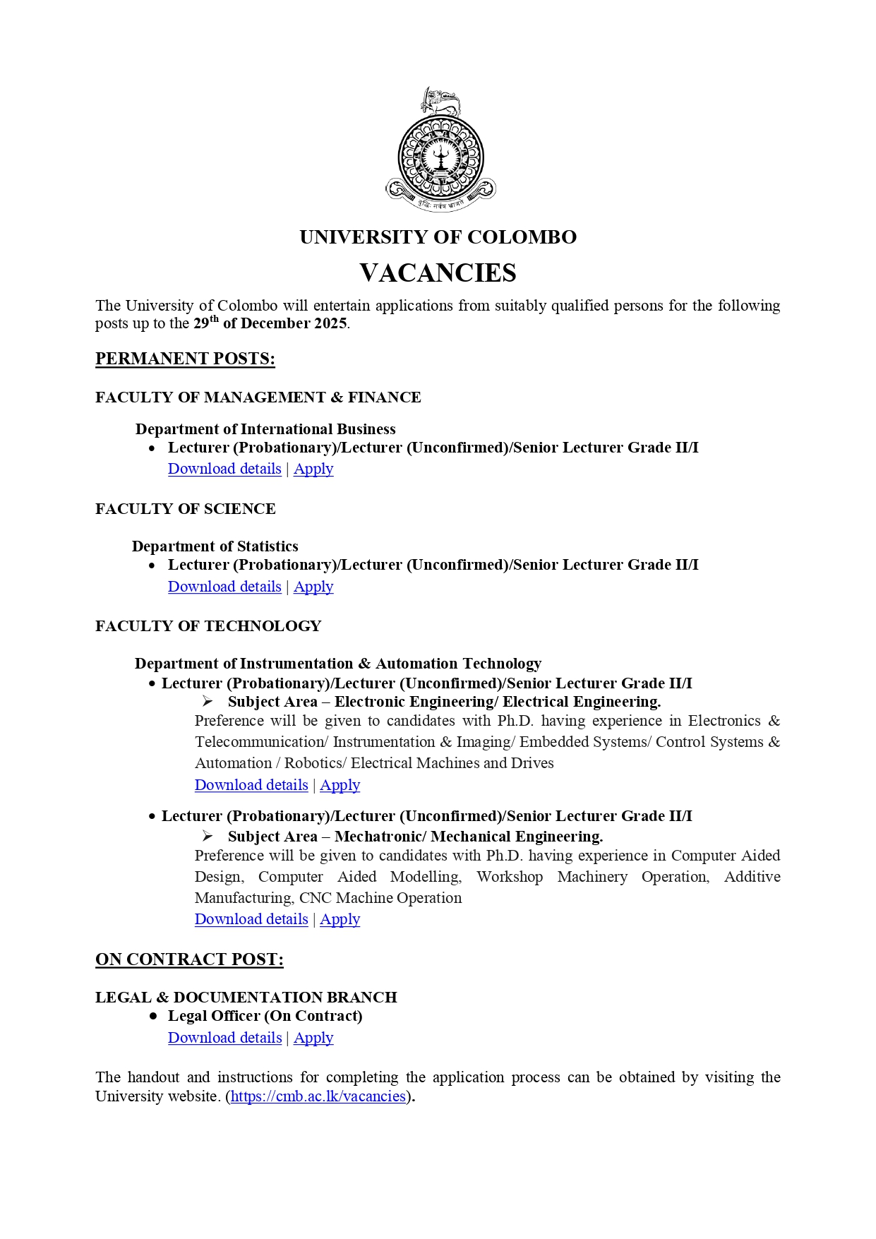 Lecturer, Senior Lecturer - University of Colombo