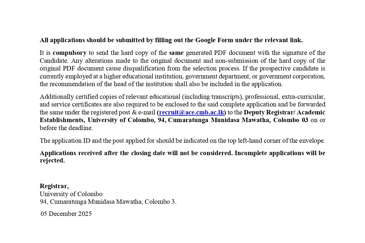 Lecturer, Senior Lecturer - University of Colombo
