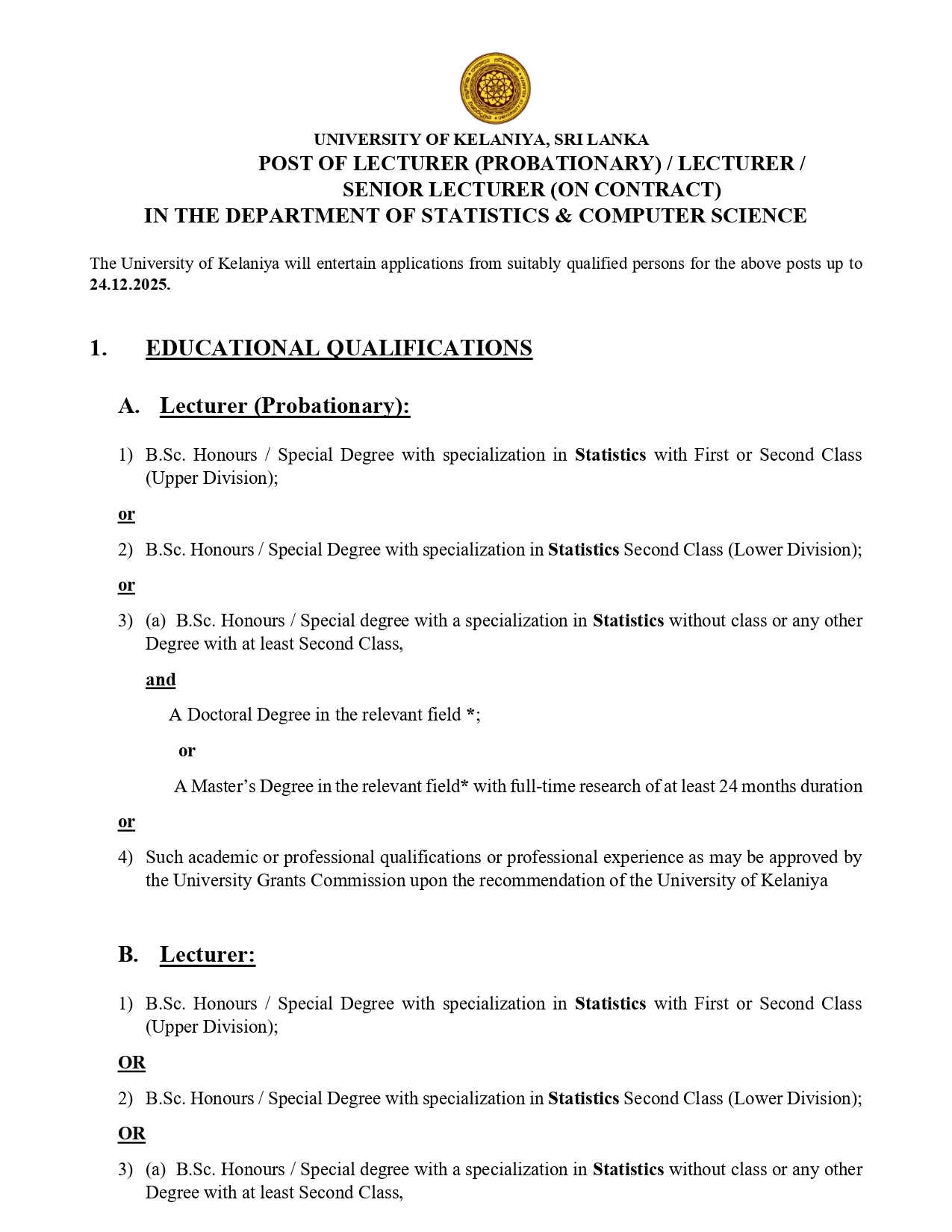 Lecturer, Senior Lecturer - University of Kelaniya