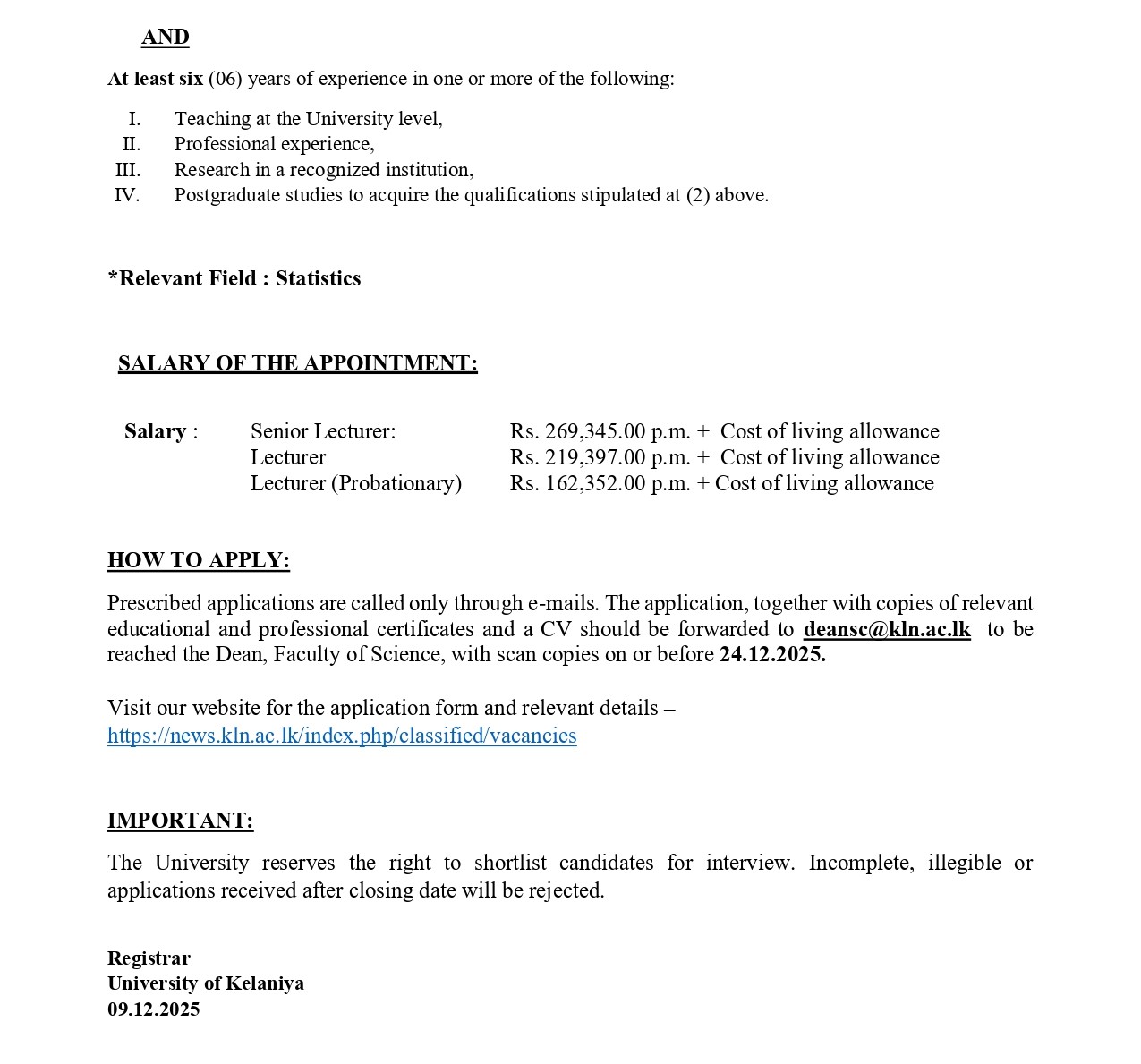 Lecturer, Senior Lecturer - University of Kelaniya