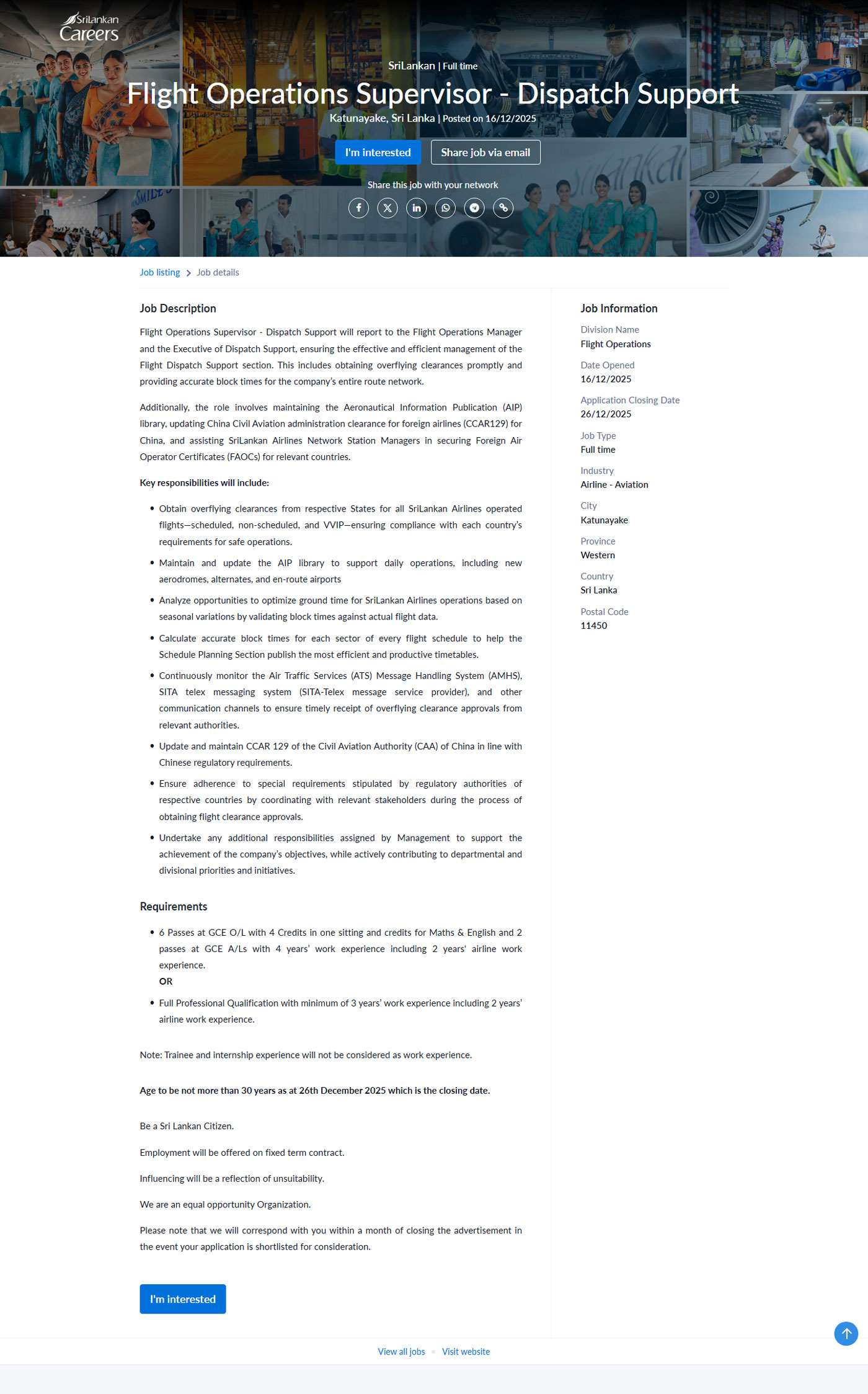 Flight Operations Supervisor - Sri Lankan Airlines Limited