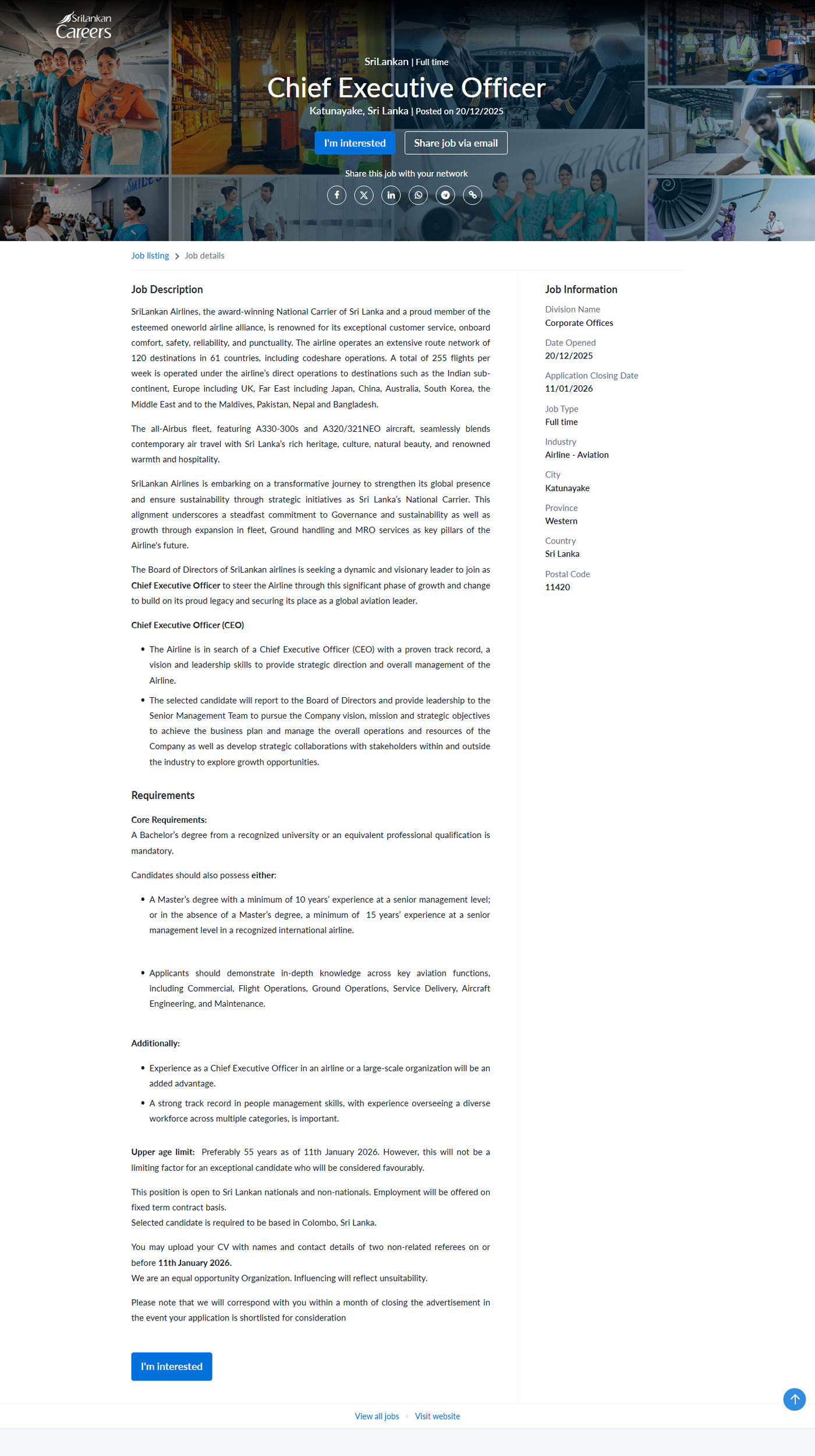 Chief Executive Officer - Sri Lankan Airlines Limited