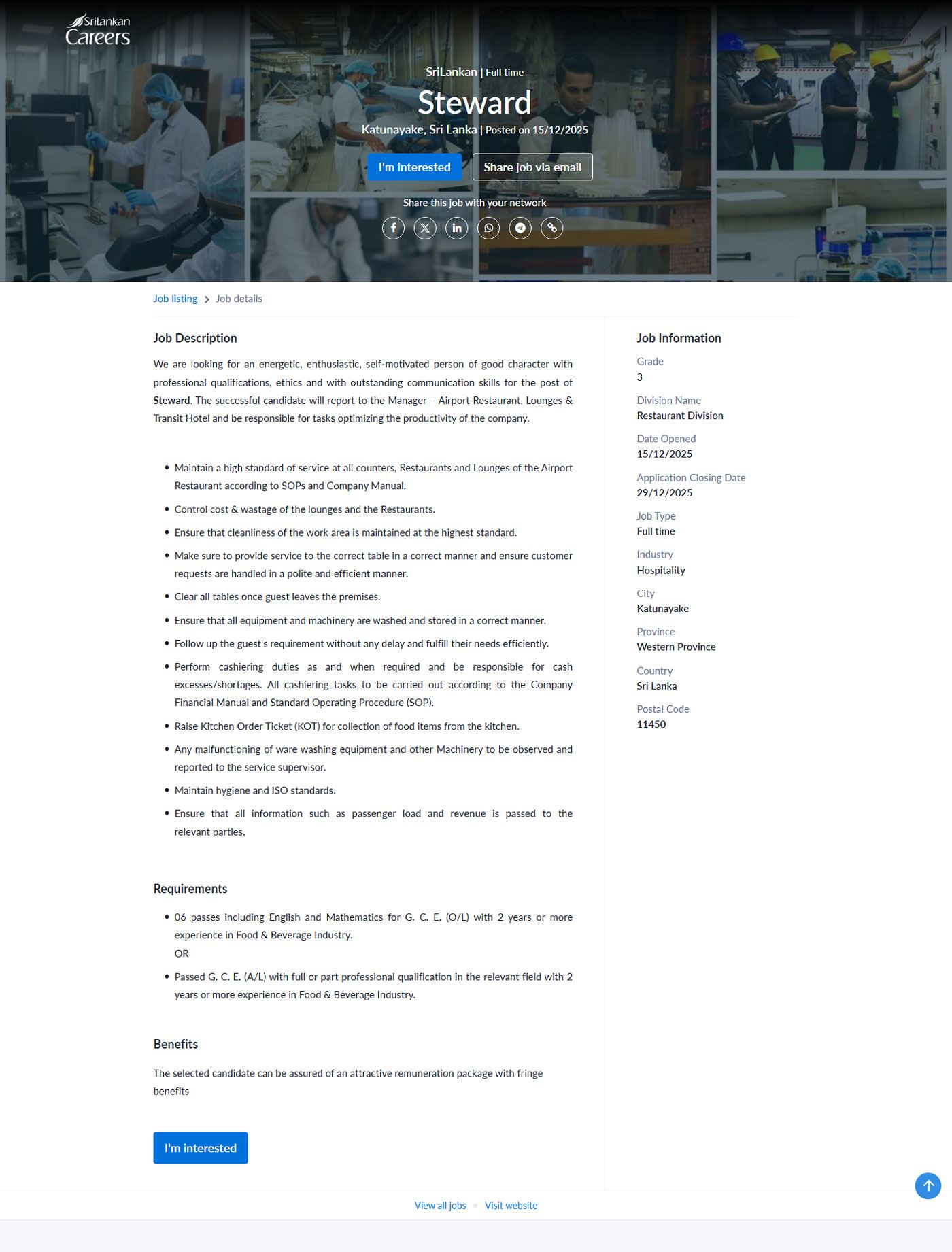 Steward, AC Technician - Sri Lankan Catering