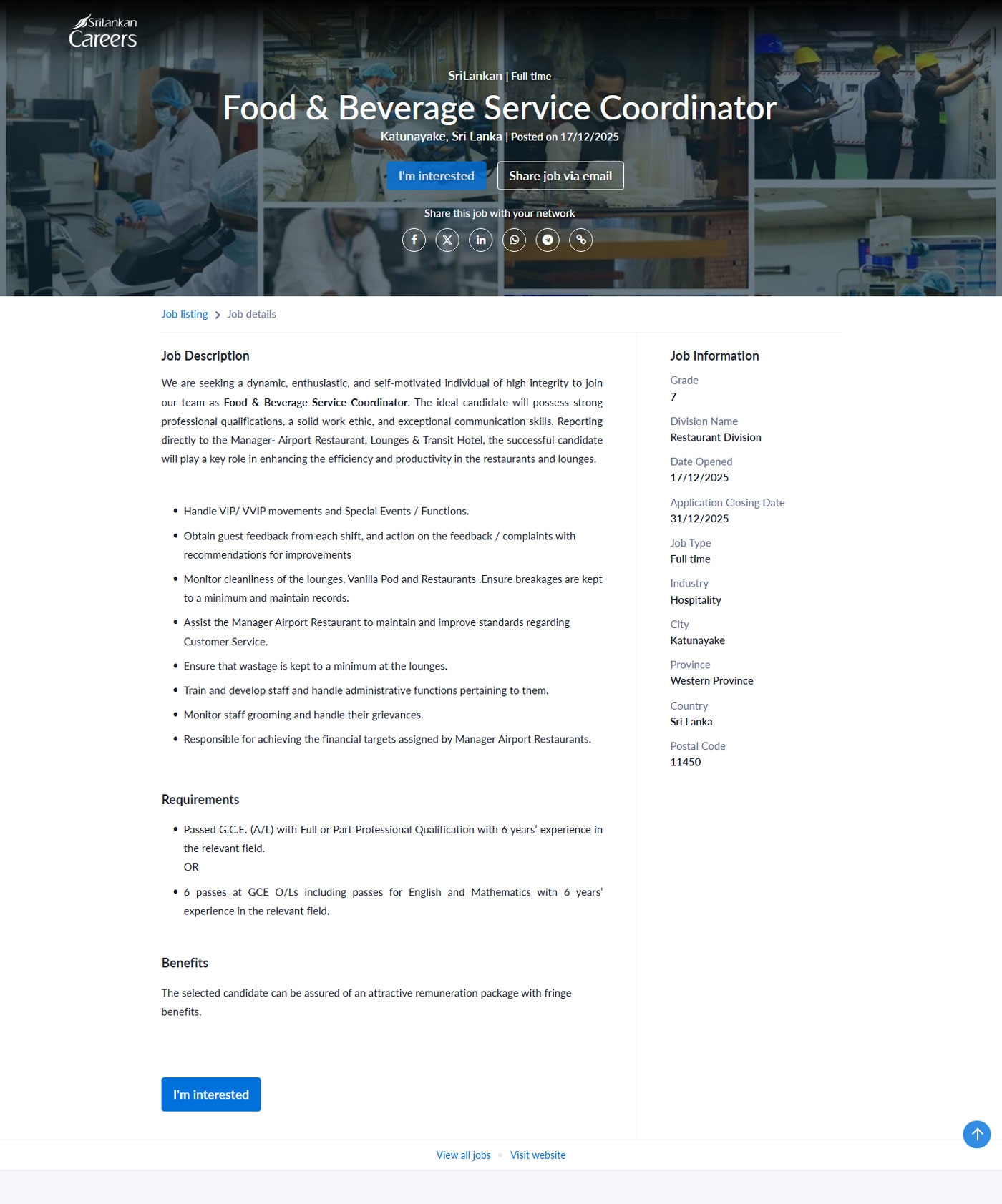 Food & Beverage Service Coordinator, Guest Relations Officer - Sri Lankan Catering