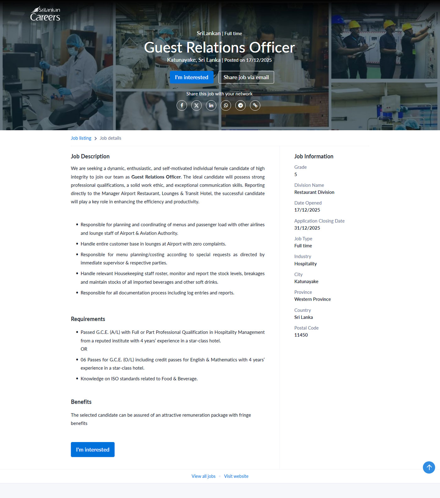 Food & Beverage Service Coordinator, Guest Relations Officer - Sri Lankan Catering