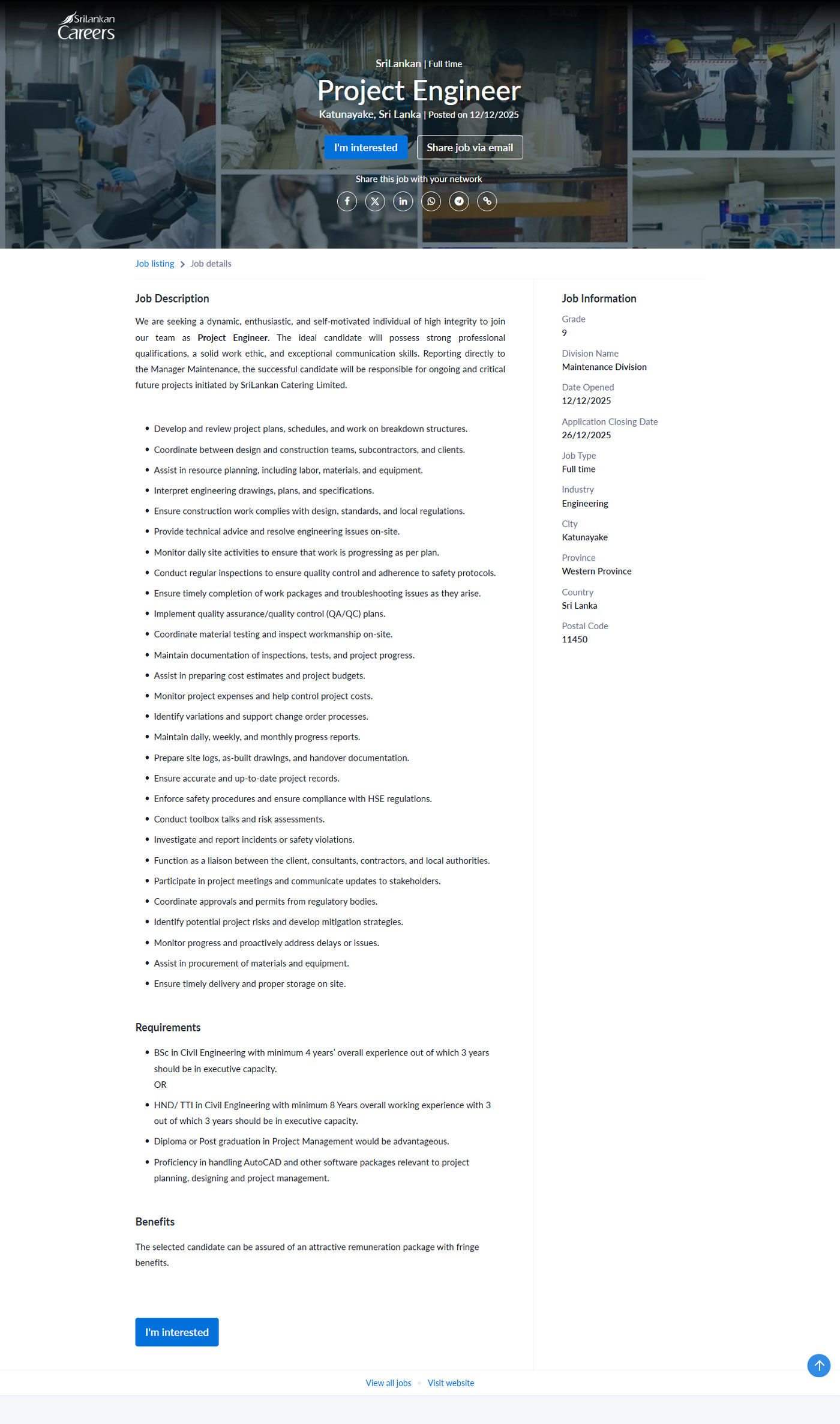 Project Engineer, Security Quality Control Executive, Security Control Supervisor - Sri Lankan Catering