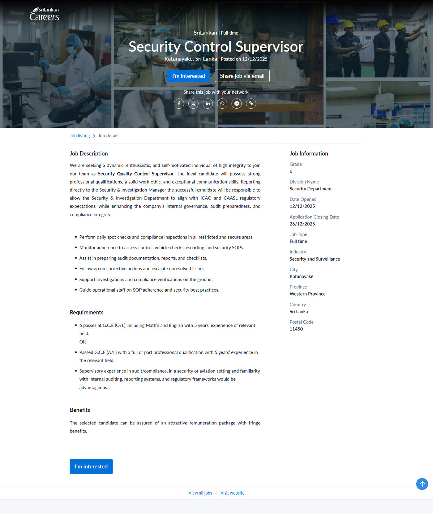 Project Engineer, Security Quality Control Executive, Security Control Supervisor - Sri Lankan Catering