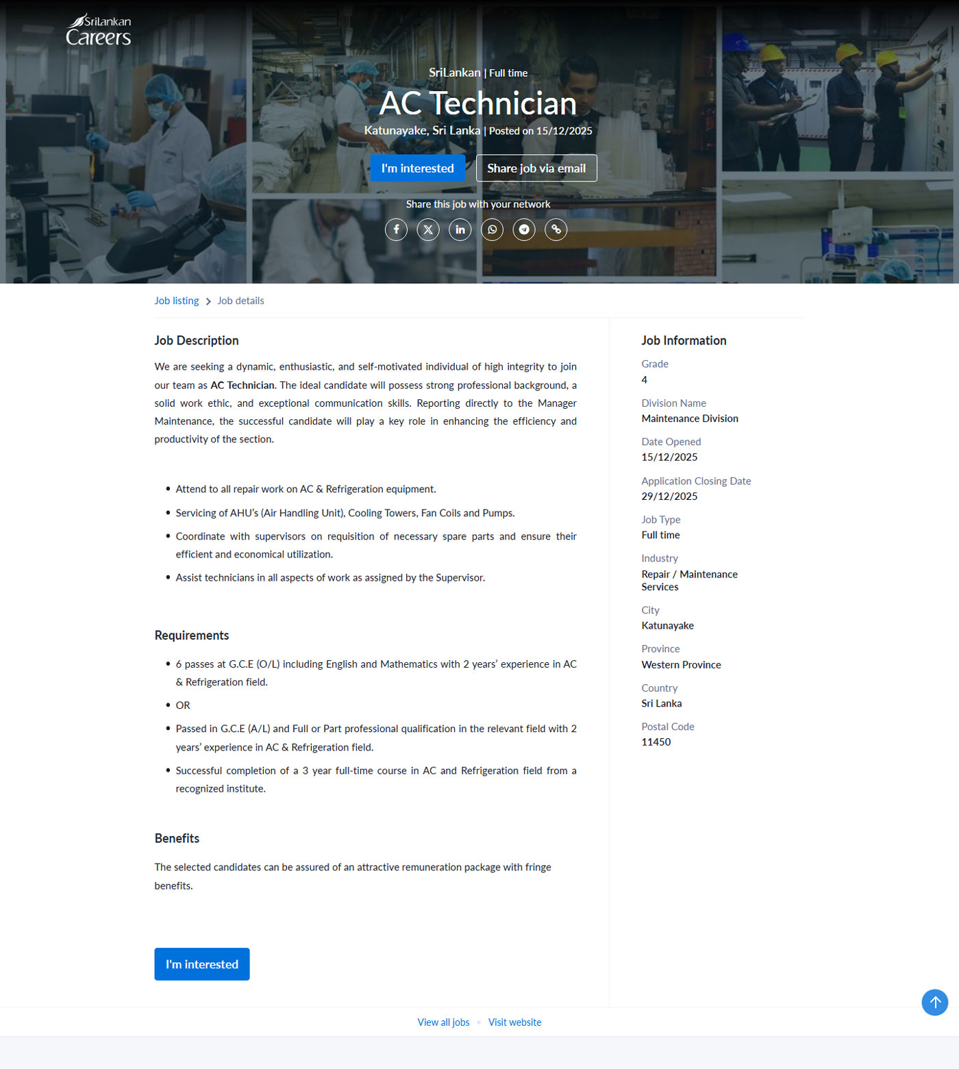 Steward, AC Technician - Sri Lankan Catering